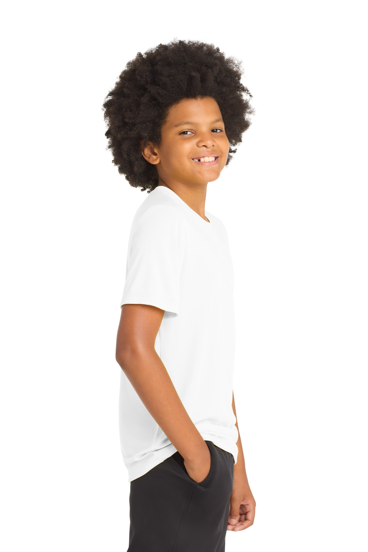 Sport-Tek Youth Posi-UV Pro Tee. YST420 in White — Left sleeve