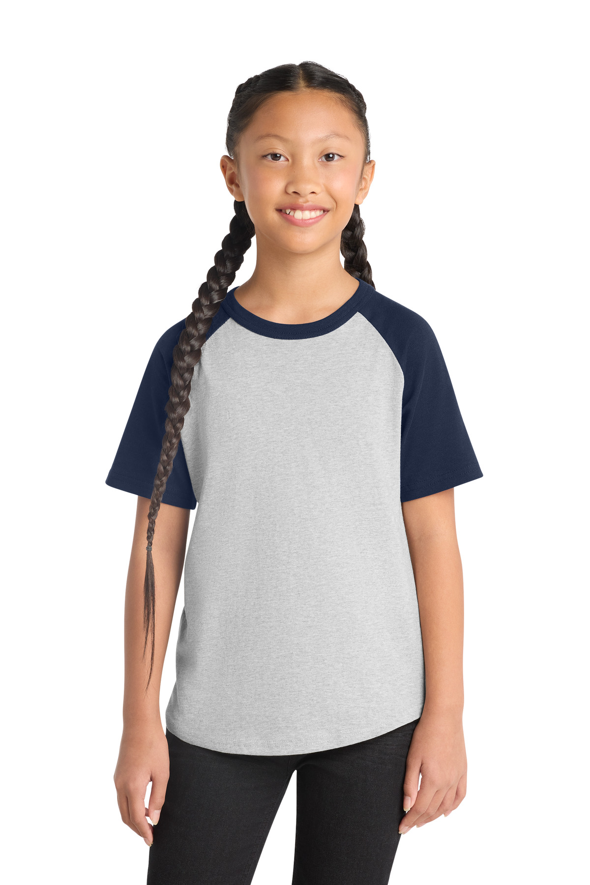 Sport-Tek DISCONTINUED Sport-Tek Youth Short Sleeve Colorblock Raglan Jersey. YT201 in Heather Grey/ Navy