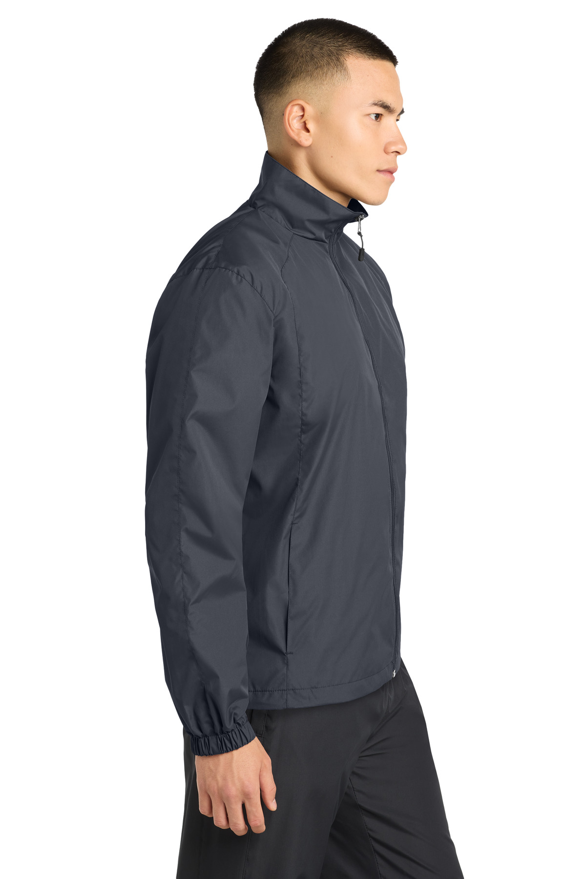 Sport-Tek Full-Zip Wind Jacket. JST70 in Graphite — Left sleeve