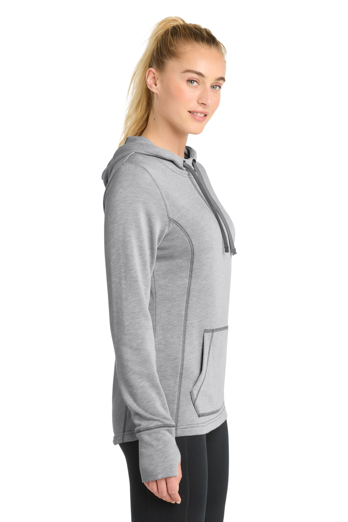 Sport-Tek Women's PosiCharge Tri-Blend Wicking Fleece Hooded Pullover. LST296 in Light Grey Heather — Left sleeve