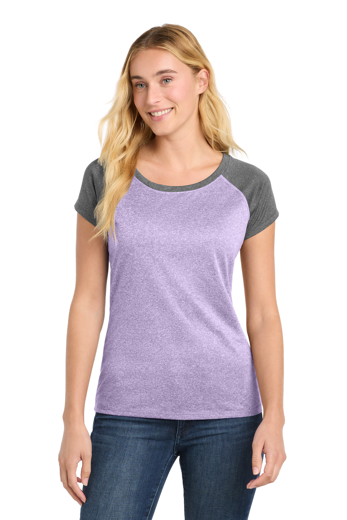 DISCONTINUED Sport-Tek  Women's Heather-On-Heather Contender  Scoop Neck Tee. LST362 in Purple Heather/ Graphite Heather