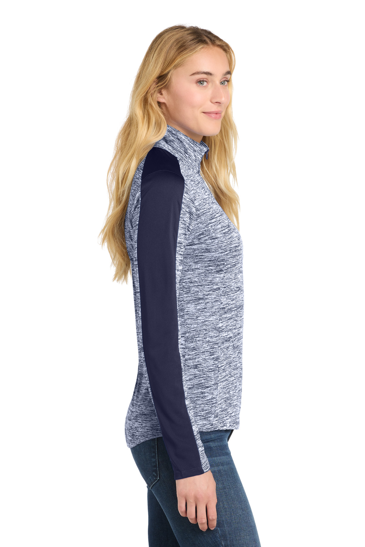 Sport-Tek Women's PosiCharge Electric Heather Colorblock 1/4-Zip Pullover. LST397 in True Navy Electric/ True Navy — Left sleeve