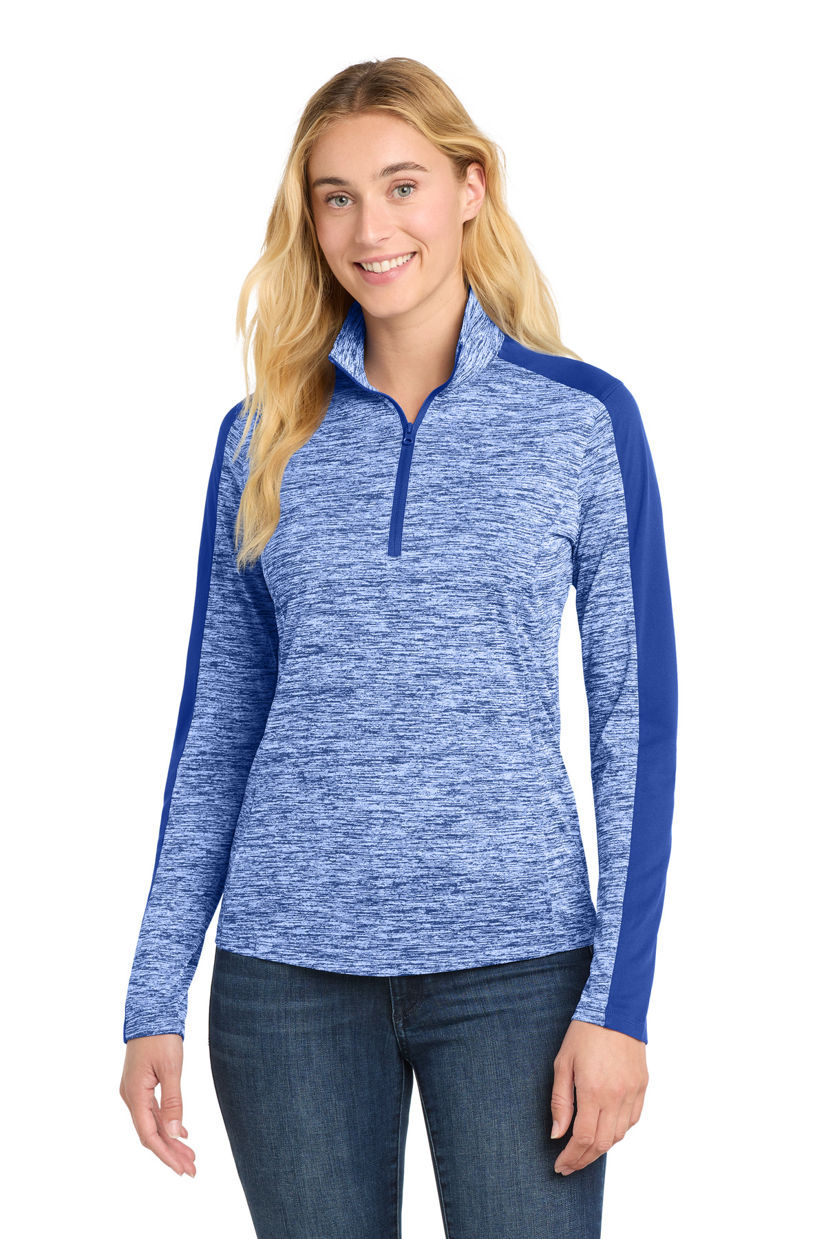 Sport-Tek Women's PosiCharge Electric Heather Colorblock 1/4-Zip Pullover. LST397