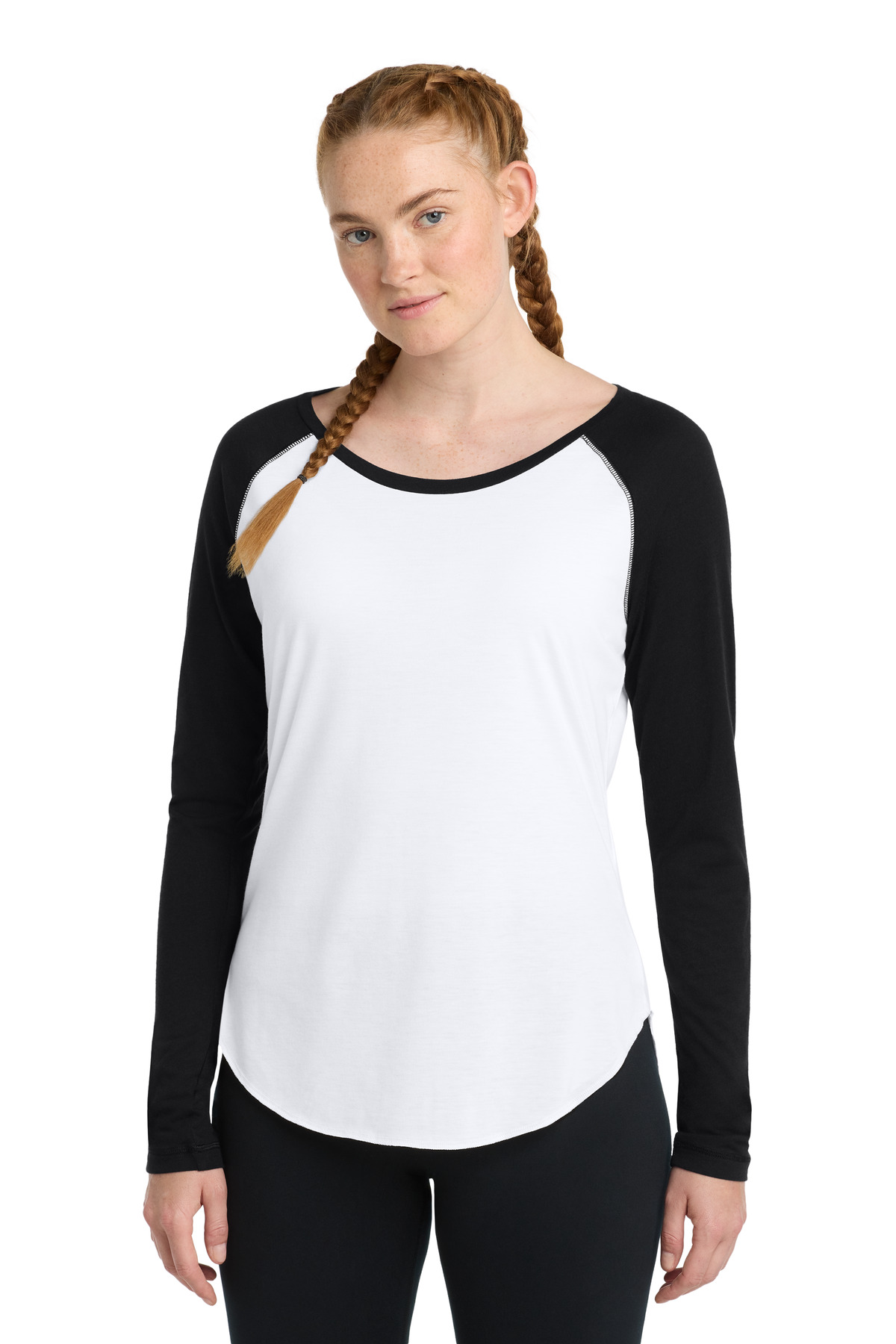 DISCONTINUED Sport-Tek  Women's PosiCharge  Long Sleeve Tri-Blend Wicking Scoop Neck Raglan Tee LST400LS in Black Triad Solid/ White Triad Solid