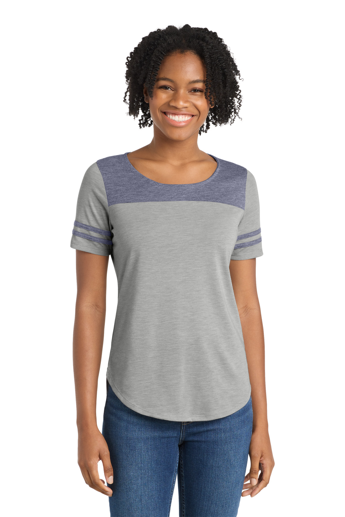 DISCONTINUED Sport-Tek  Women's PosiCharge  Tri-Blend Wicking Fan Tee. LST403 in True Navy Heather/ Light Grey Heather