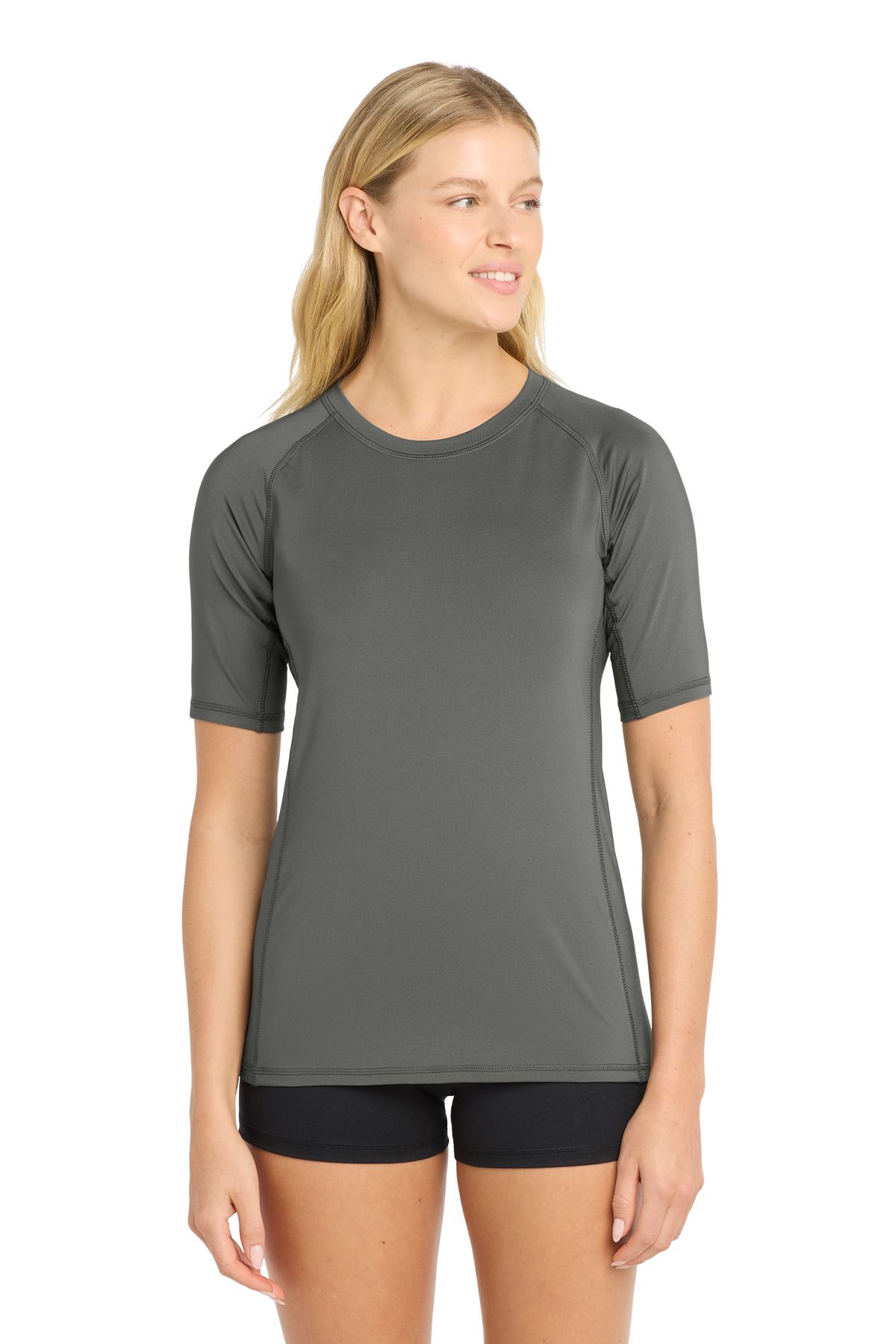 DISCONTINUED Sport-Tek  Women's Rashguard Tee. LST470 in Dark Smoke Grey