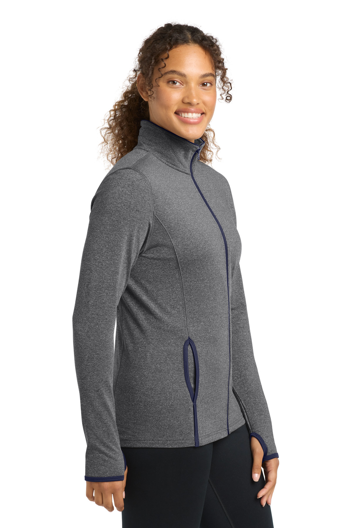 Sport-Tek Women's Sport-Wick Stretch Contrast Full-Zip Jacket. LST853 in Charcoal Grey Heather/ True Navy — Left sleeve