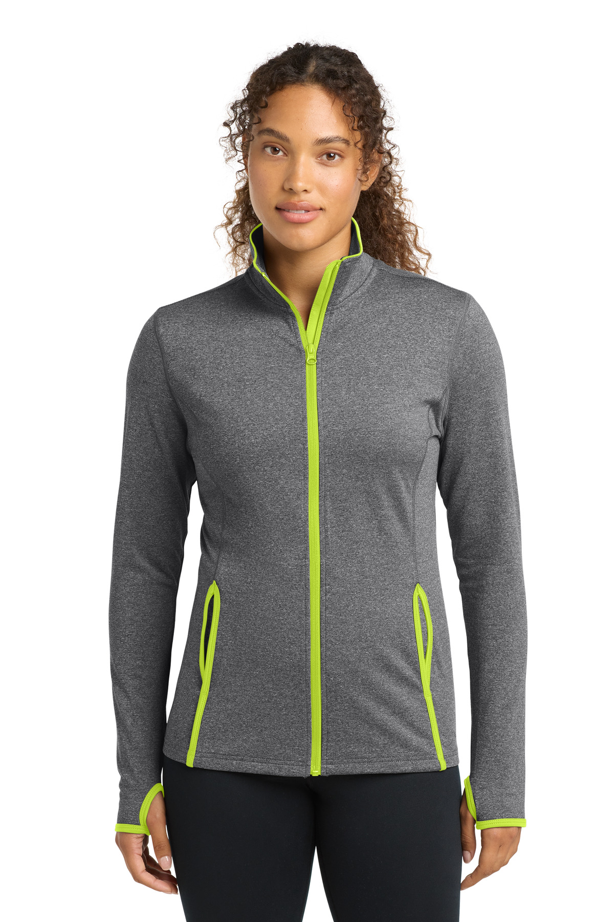 Sport-Tek ® Women's Sport-Wick ® Stretch Contrast Full-Zip Jacket. LST853 - Charcoal Grey Heather/ Charge Green