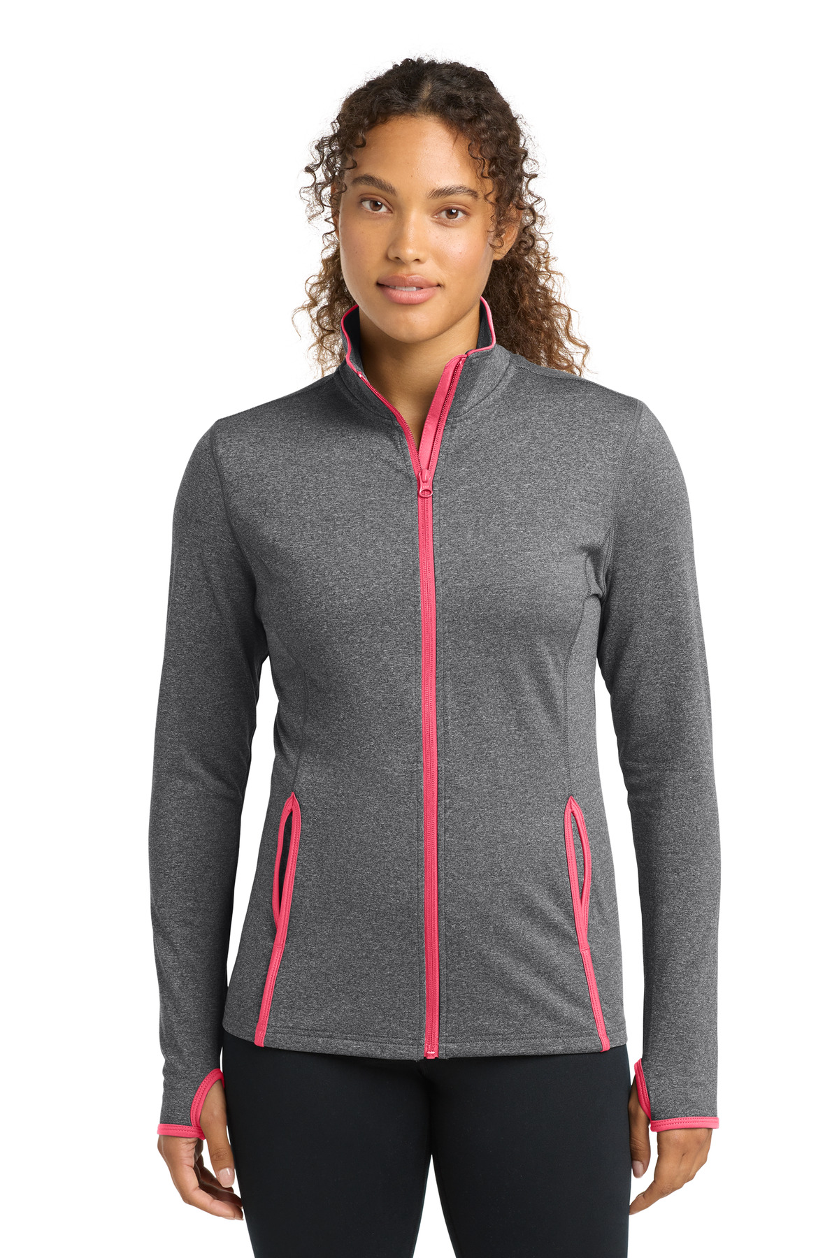 Sport-Tek ® Women's Sport-Wick ® Stretch Contrast Full-Zip Jacket. LST853 - Charcoal Grey Heather/ Hot Coral