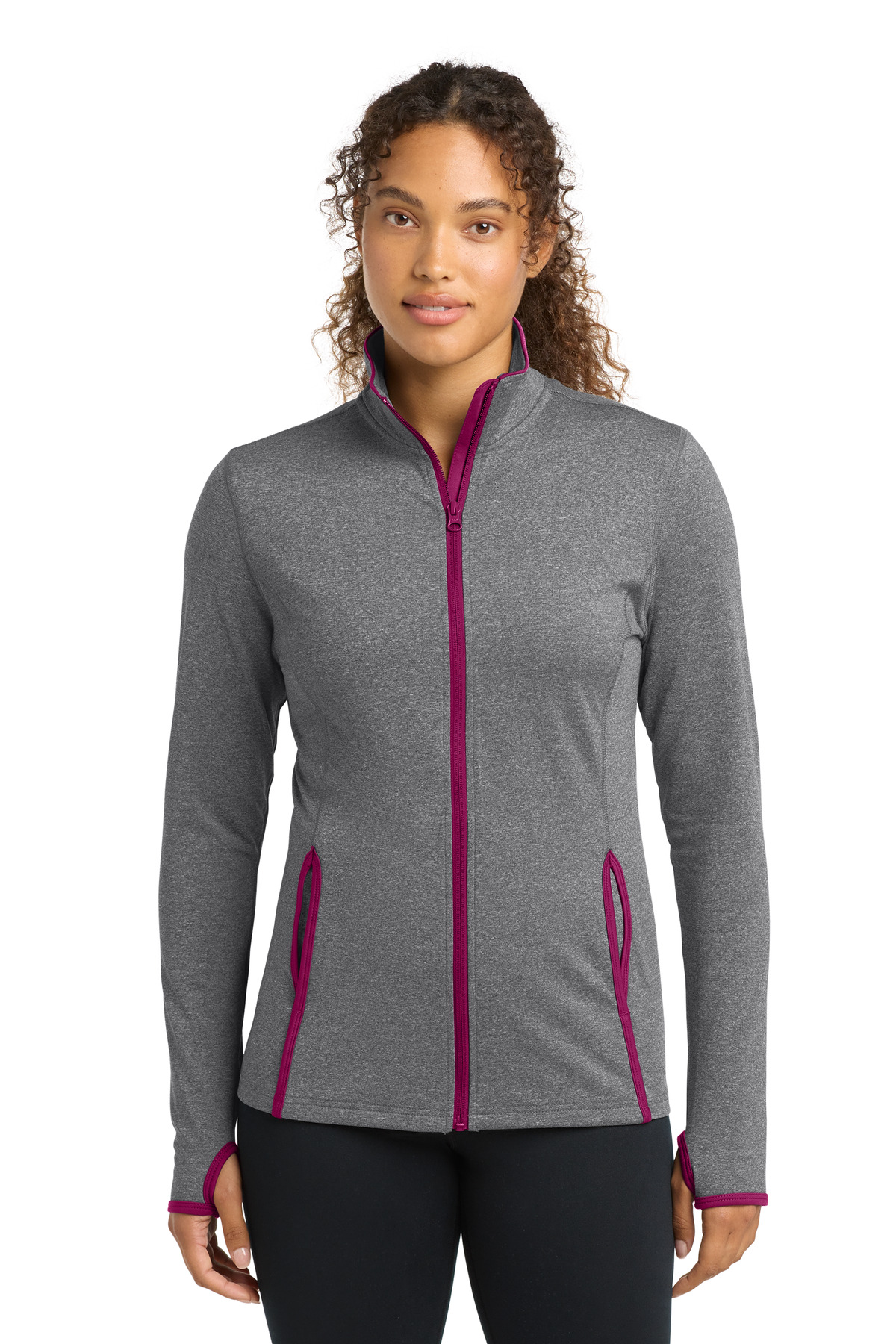Sport-Tek ® Women's Sport-Wick ® Stretch Contrast Full-Zip Jacket. LST853 - Charcoal Grey Heather/ Pink Rush