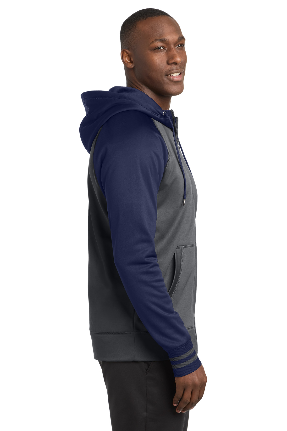 Sport-Tek Sport-Wick Varsity Fleece Full-Zip Hooded Jacket. ST236 in Dark Smoke Grey/ Navy — Left sleeve