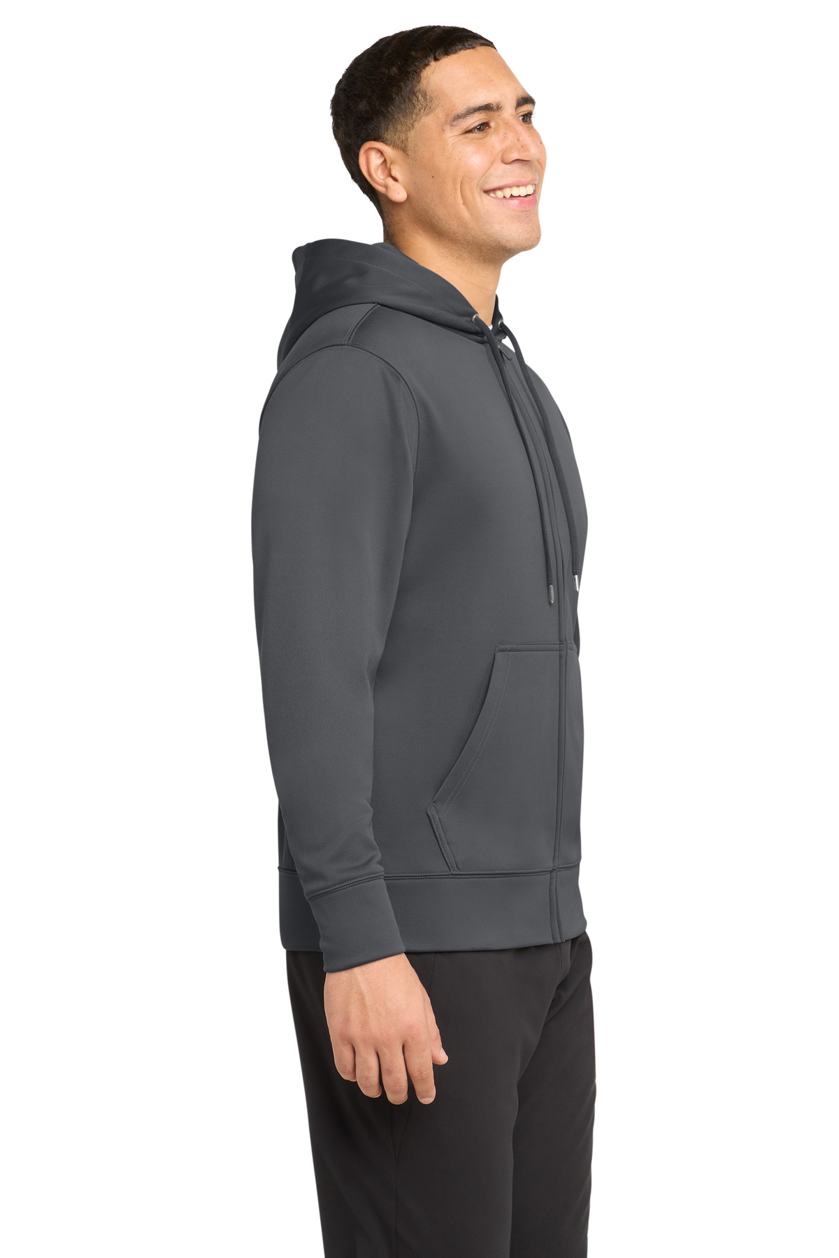Sport-Tek Sport-Wick Fleece Full-Zip Hooded Jacket. ST238 in Dark Smoke Grey — Left sleeve