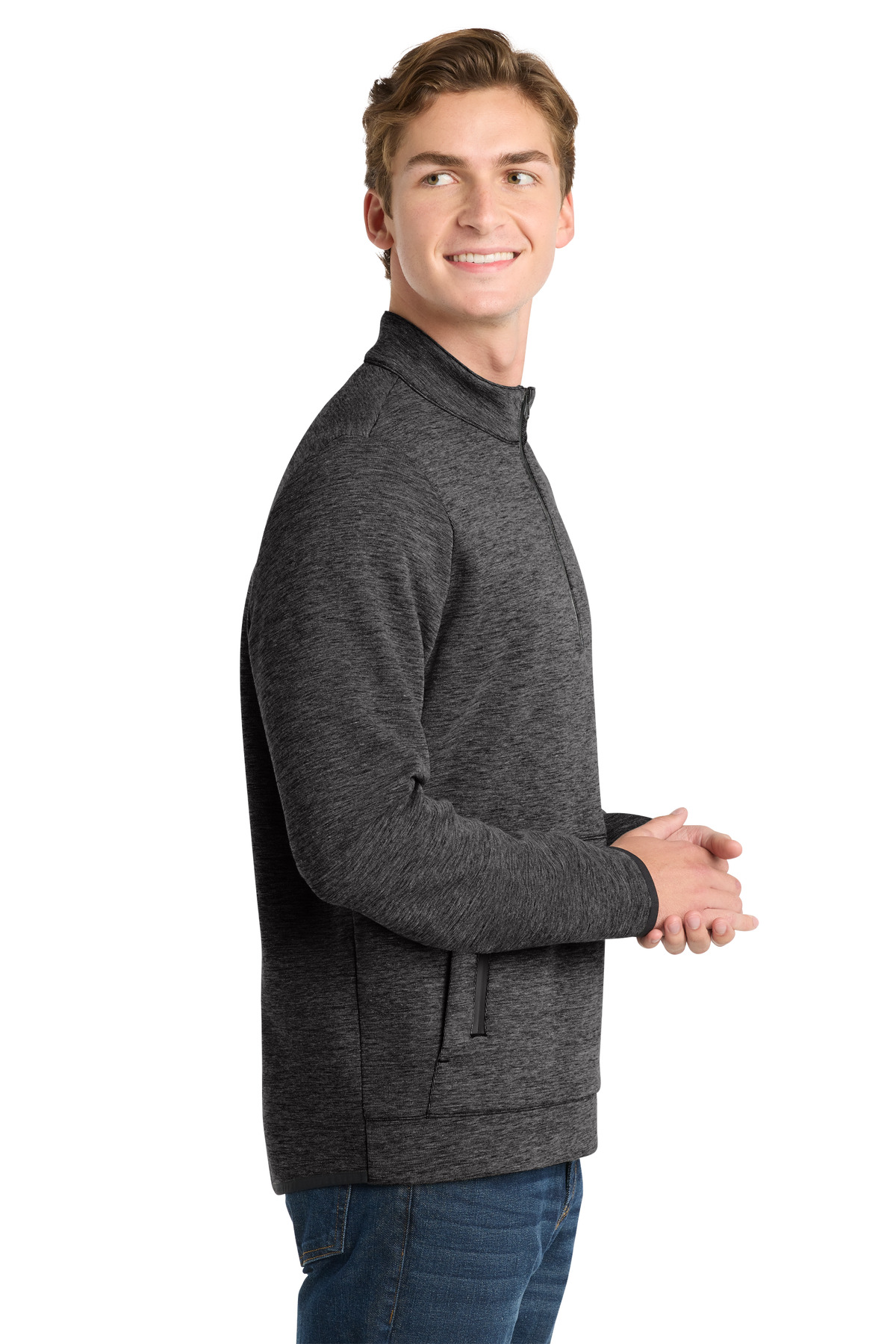 Sport-Tek Triumph 1/4-Zip Pullover ST281 in Black Heather — Left sleeve