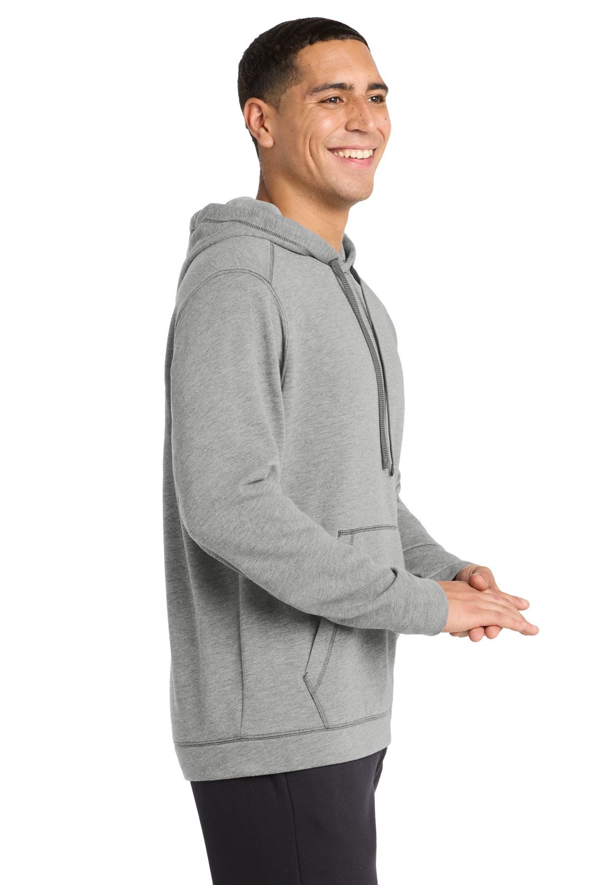 Sport-Tek PosiCharge Tri-Blend Wicking Fleece Hooded Pullover. ST296 in Light Grey Heather — Left sleeve