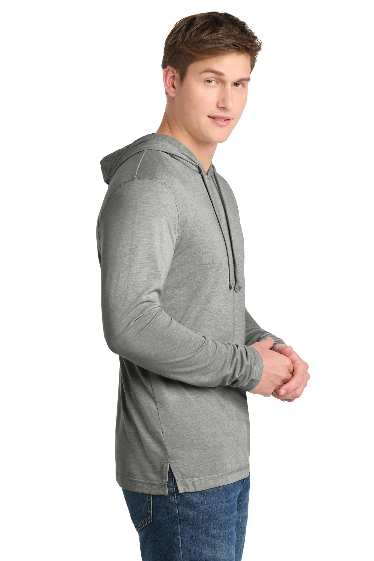 Sport-Tek PosiCharge Tri-Blend Wicking Long Sleeve Hoodie ST406 in Light Grey Heather — Left sleeve