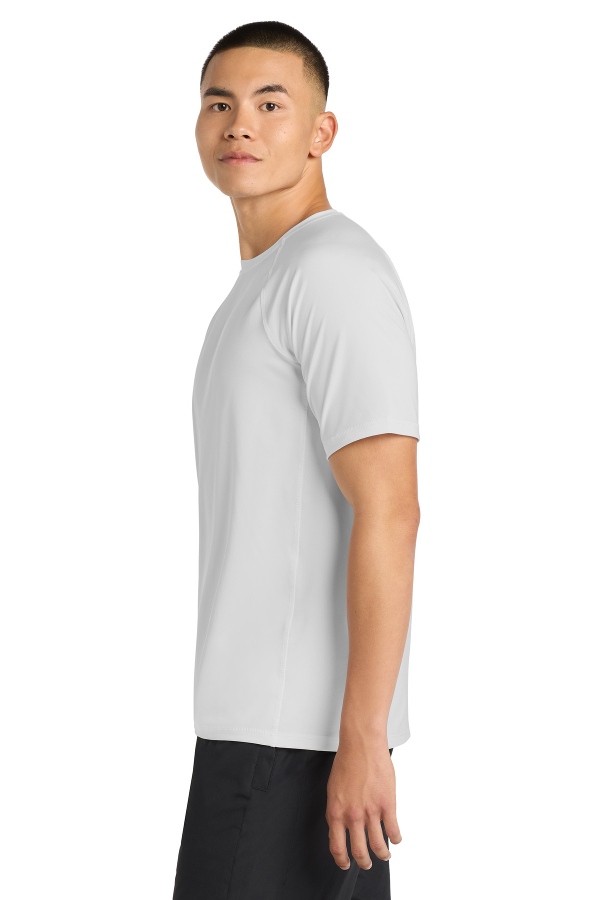 Sport-Tek Rashguard Tee. ST470 in White — Left sleeve