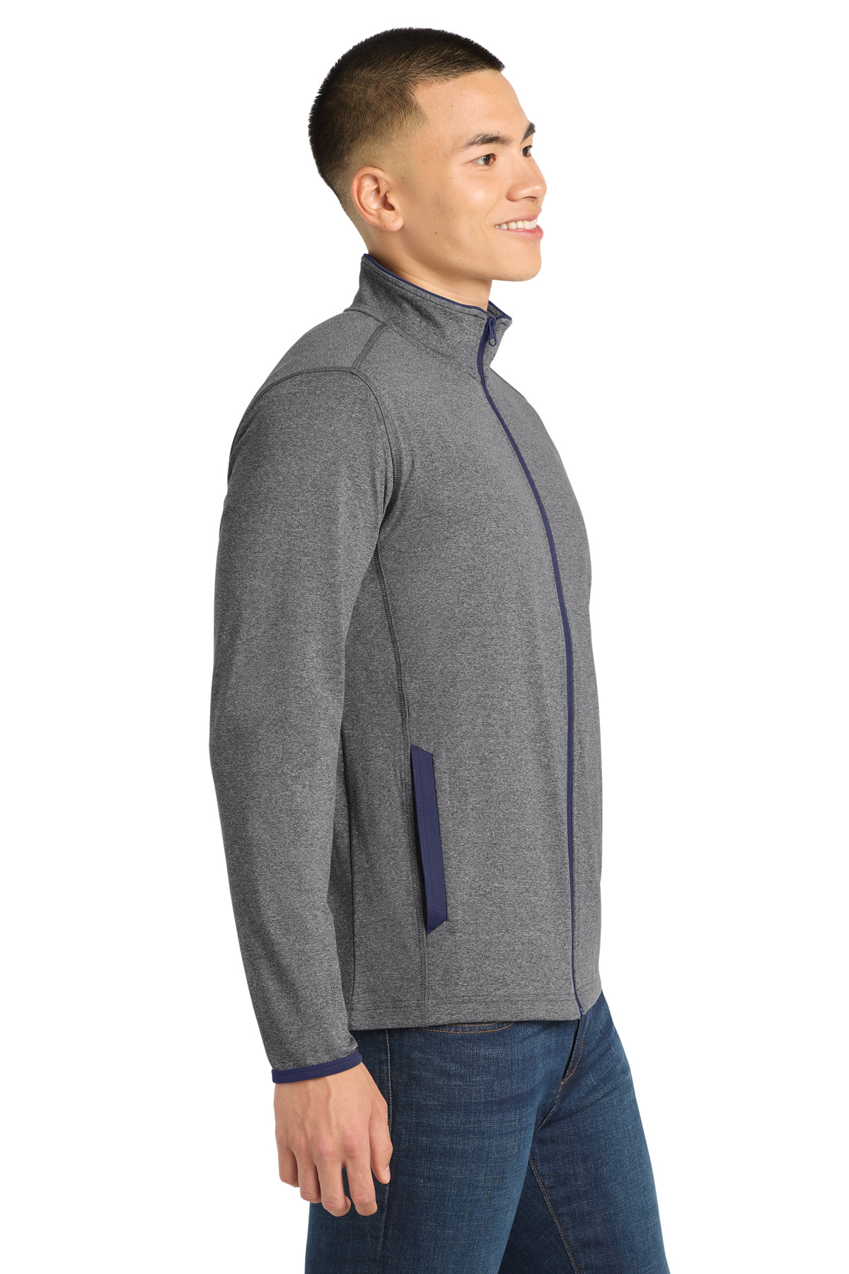 Sport-Tek Sport-Wick Stretch Contrast Full-Zip Jacket. ST853 in Charcoal Grey Heather/ True Navy — Left sleeve