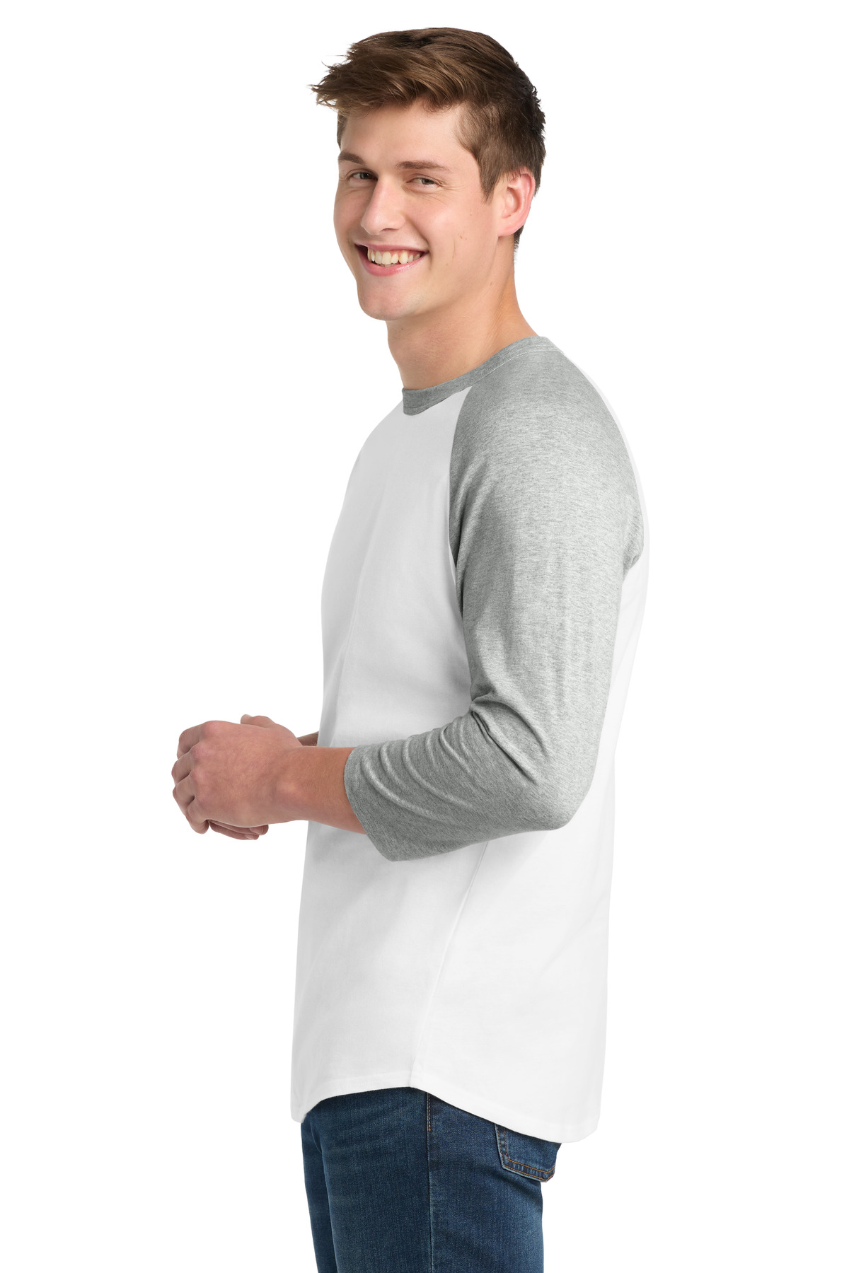 Sport-Tek Colorblock Raglan Jersey. T200 in White/ Heather Grey — Left sleeve