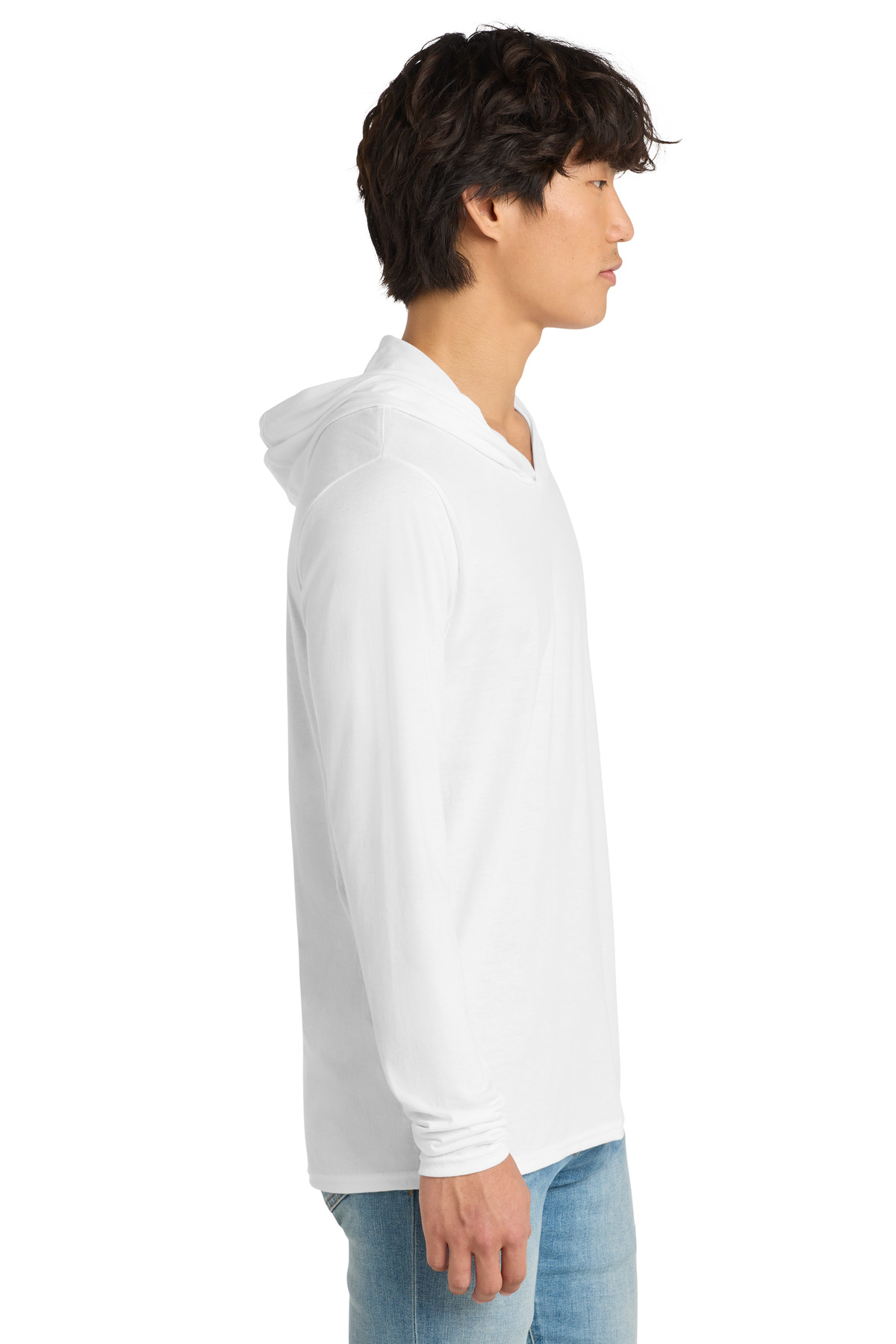 District Perfect Tri Long Sleeve Hoodie. DM139 in White — Left sleeve