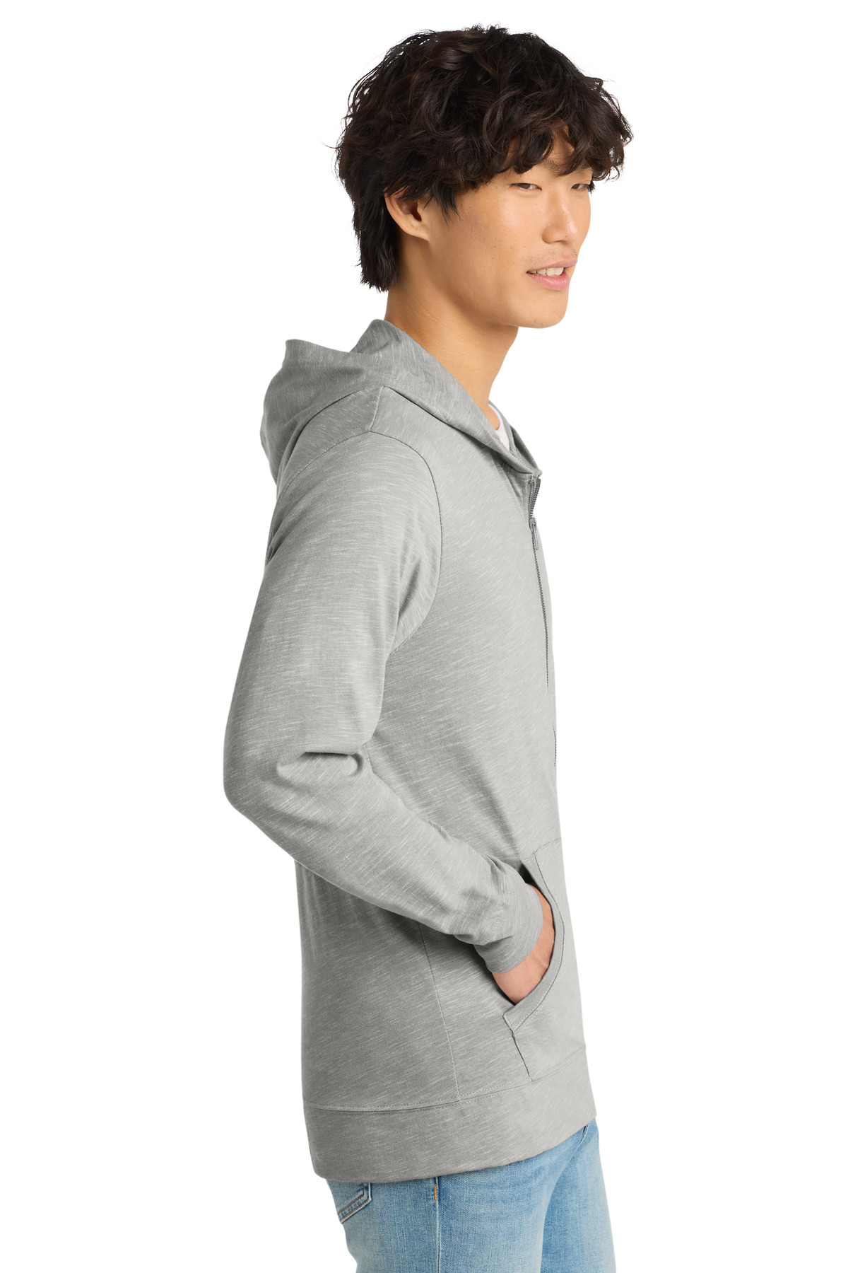 District Medal Full-Zip Hoodie. DT565 in Light Grey — Left sleeve