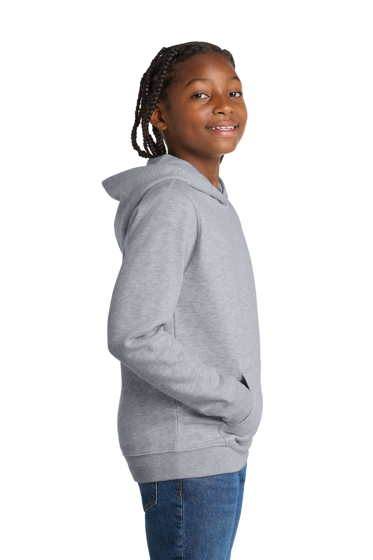 District Youth V.I.T. Fleece Hoodie DT6100Y in Light Heather Grey — Left sleeve