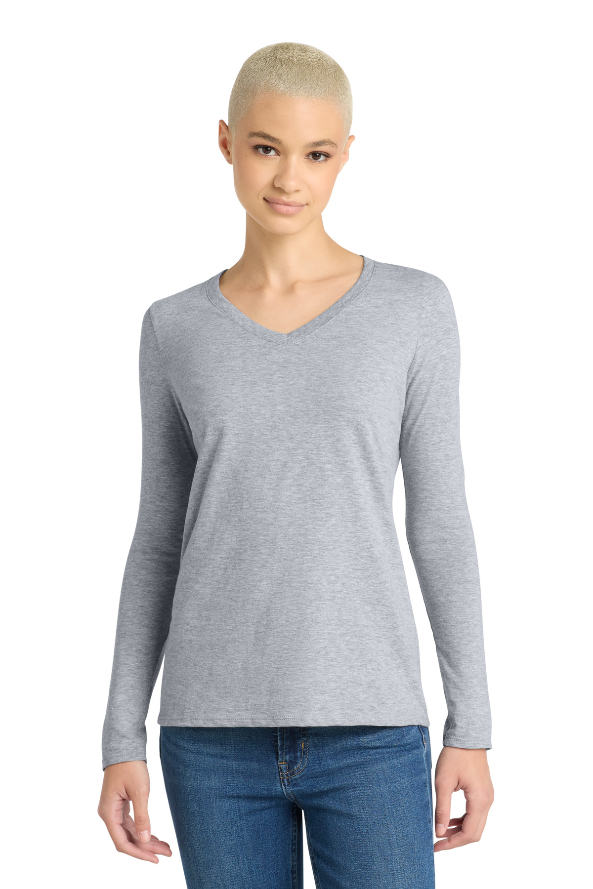 DISCONTINUED District  Women's Very Important Tee  Long Sleeve V-Neck. DT6201 in Light Heather Grey