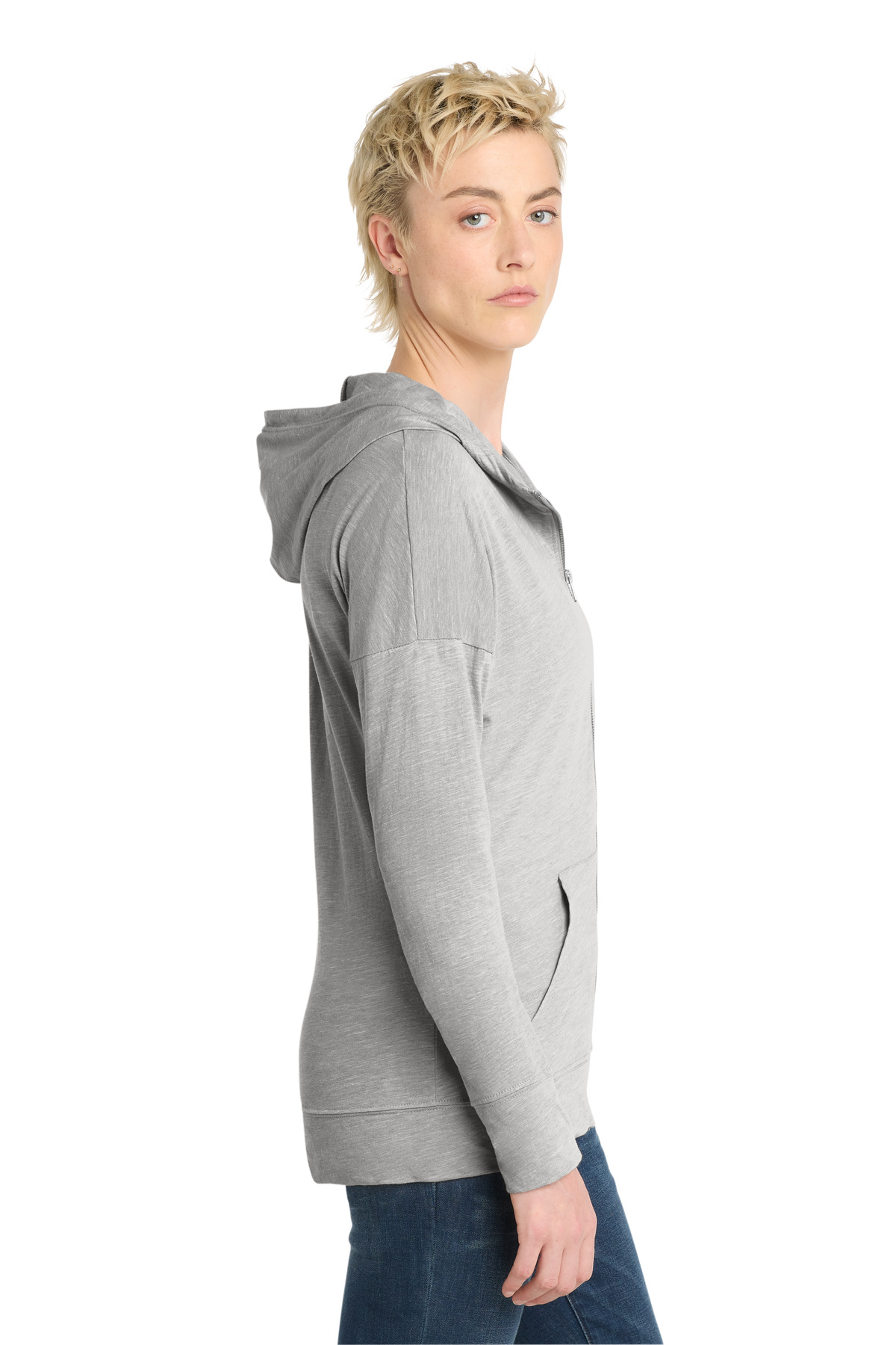 District Women's Medal Full-Zip Hoodie. DT665 in Light Grey — Left sleeve