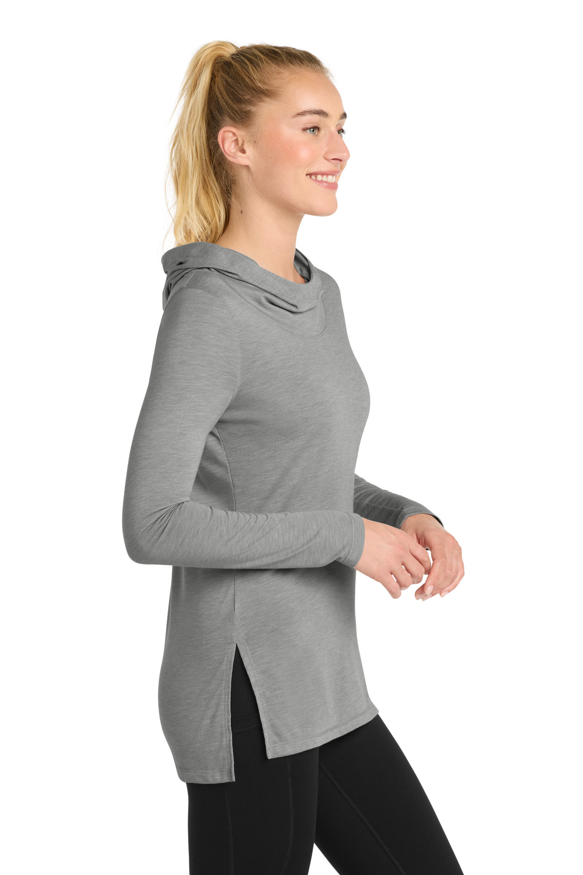 Sport-Tek Women's PosiCharge Tri-Blend Wicking Long Sleeve Hoodie LST406 in Light Grey Heather — Left sleeve