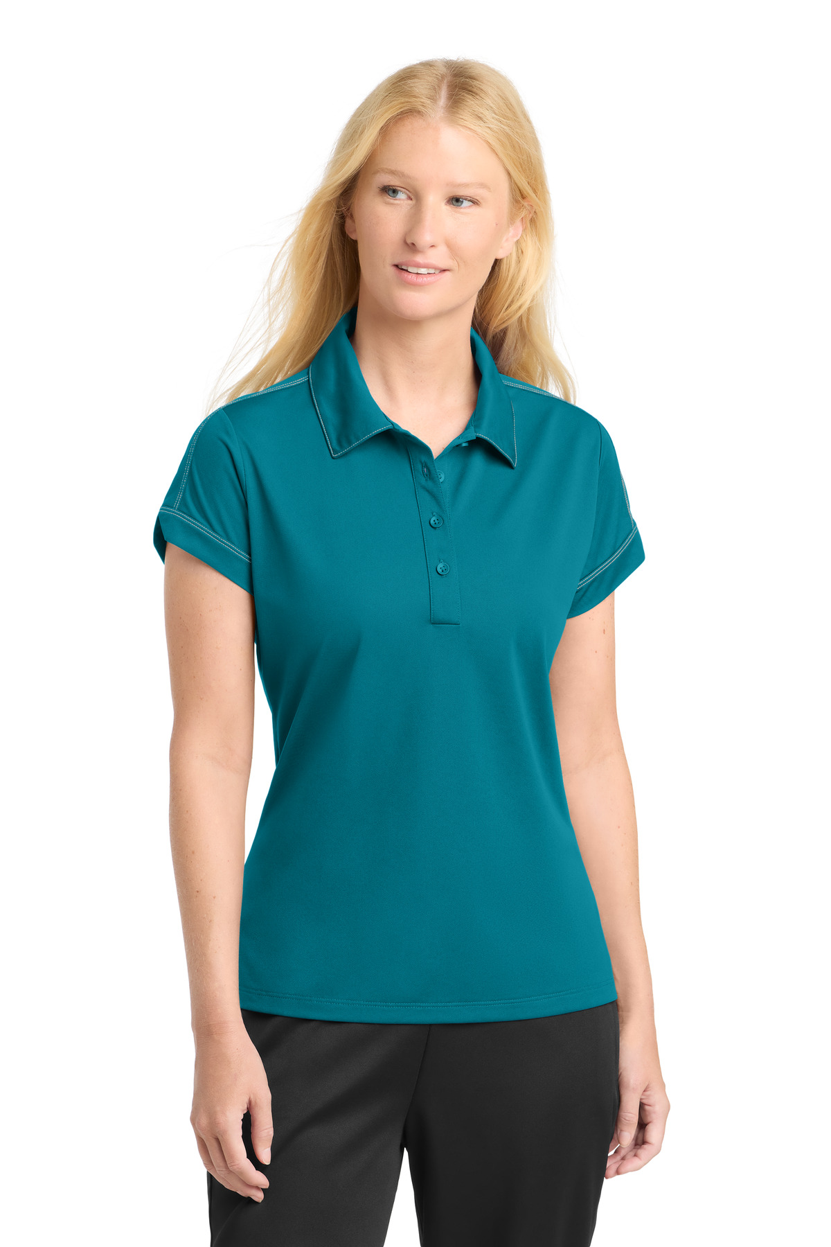 Sport-Tek DISCONTINUED Sport-Tek Women's Contrast Stitch Micropique Sport-Wick Polo. LST659 in Tropic Blue