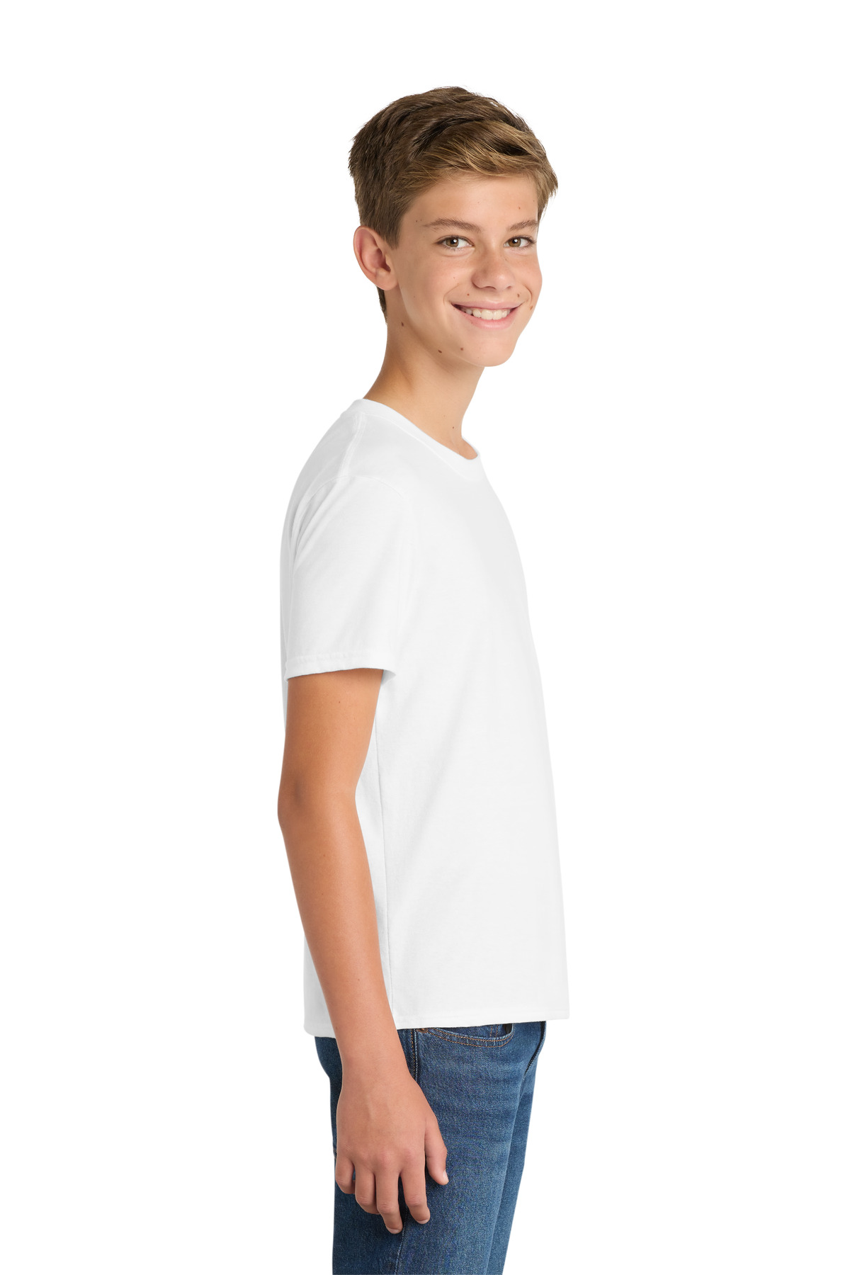 Port & Co Youth Fan Favorite Blend Tee. PC455Y in White — Left sleeve