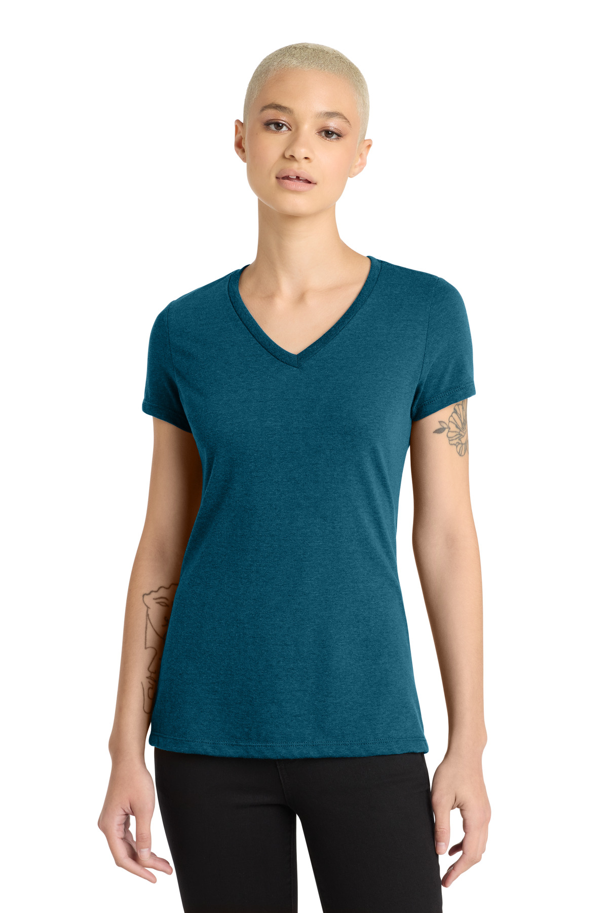 District ® Women's Perfect Blend ® CVC V-Neck Tee. DM1190L - Deep Turquoise Fleck
