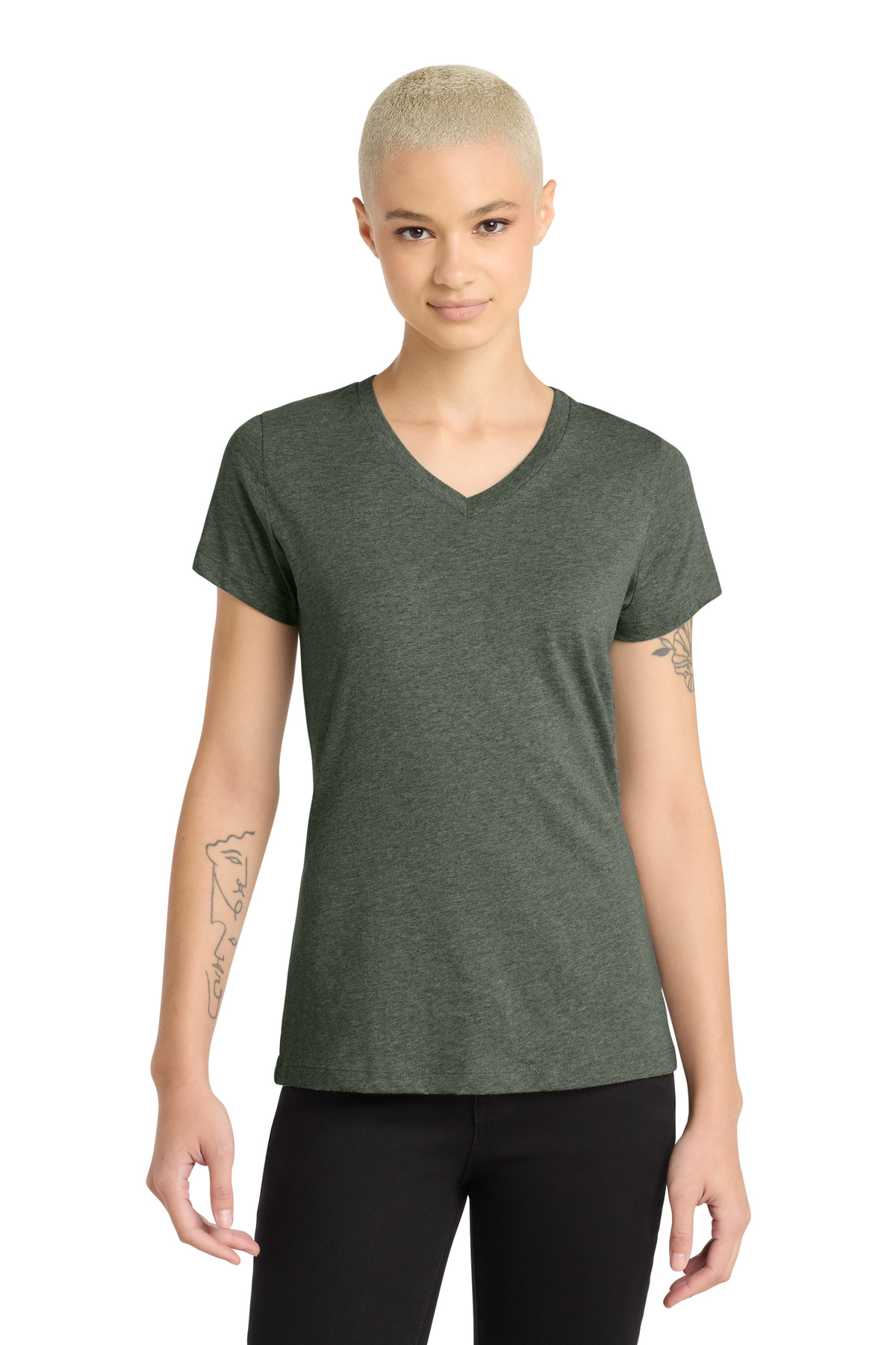 District ® Women's Perfect Blend ® CVC V-Neck Tee. DM1190L - Heathered Olive