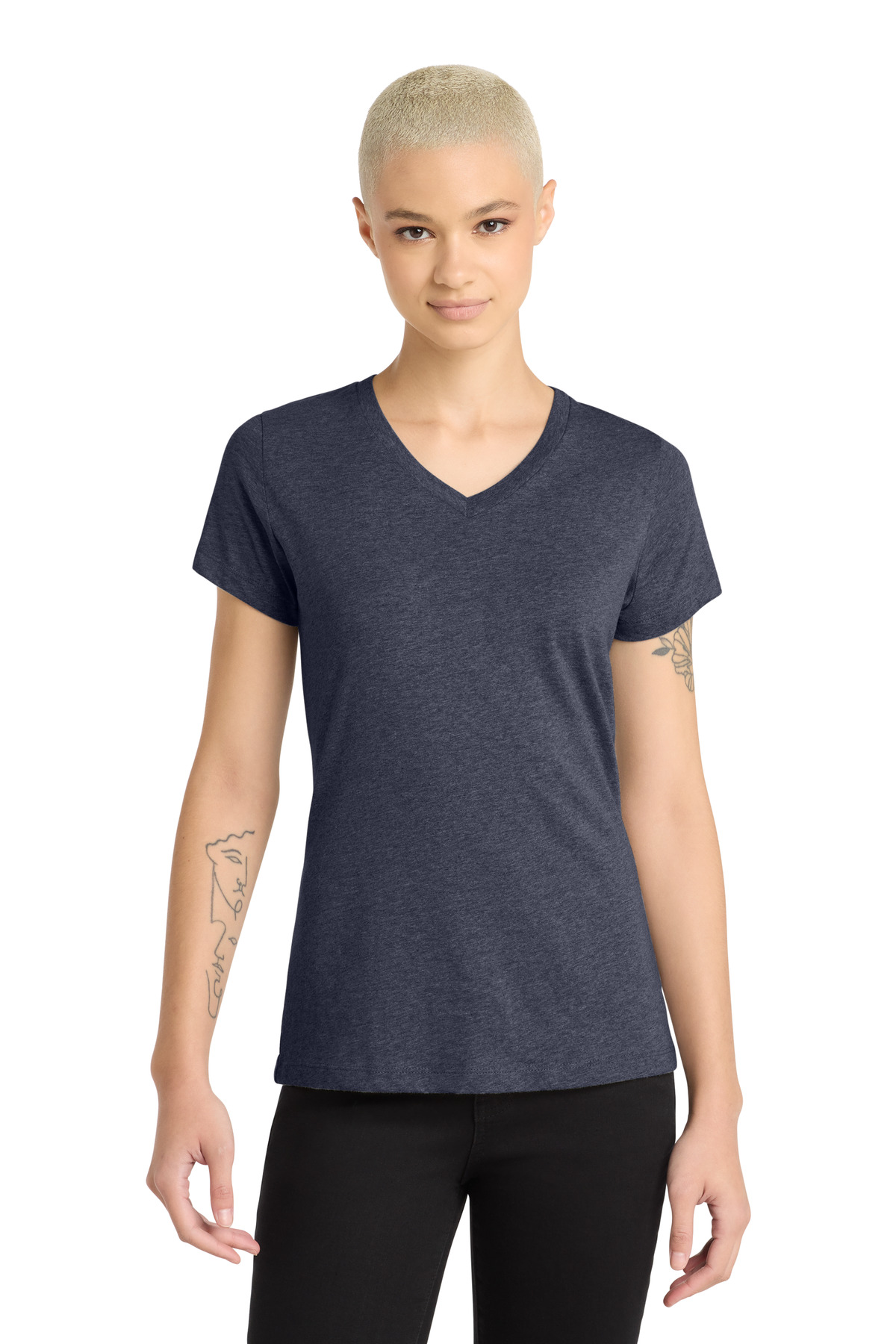 District ® Women's Perfect Blend ® CVC V-Neck Tee. DM1190L - Heathered Navy