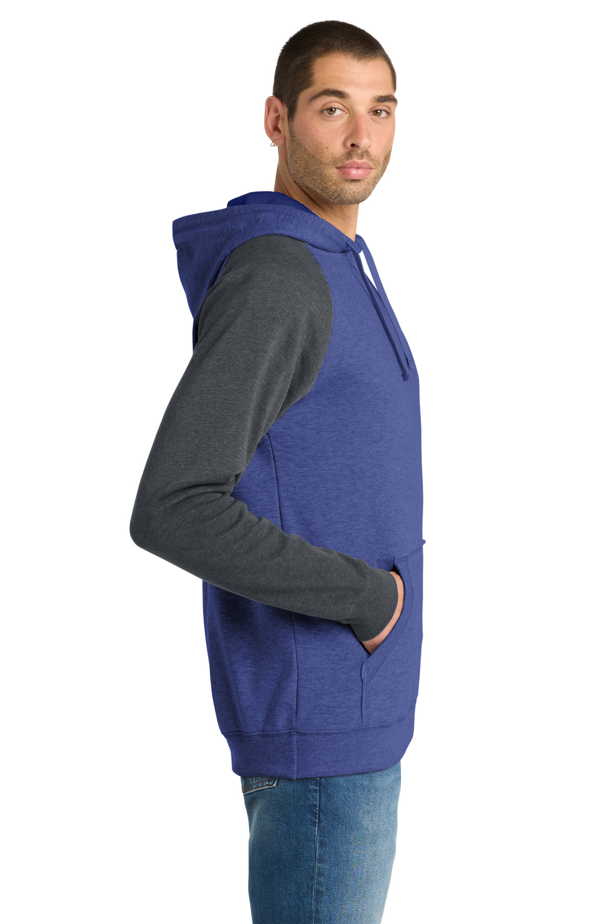 District Young Mens Lightweight Fleece Raglan Hoodie. DT196