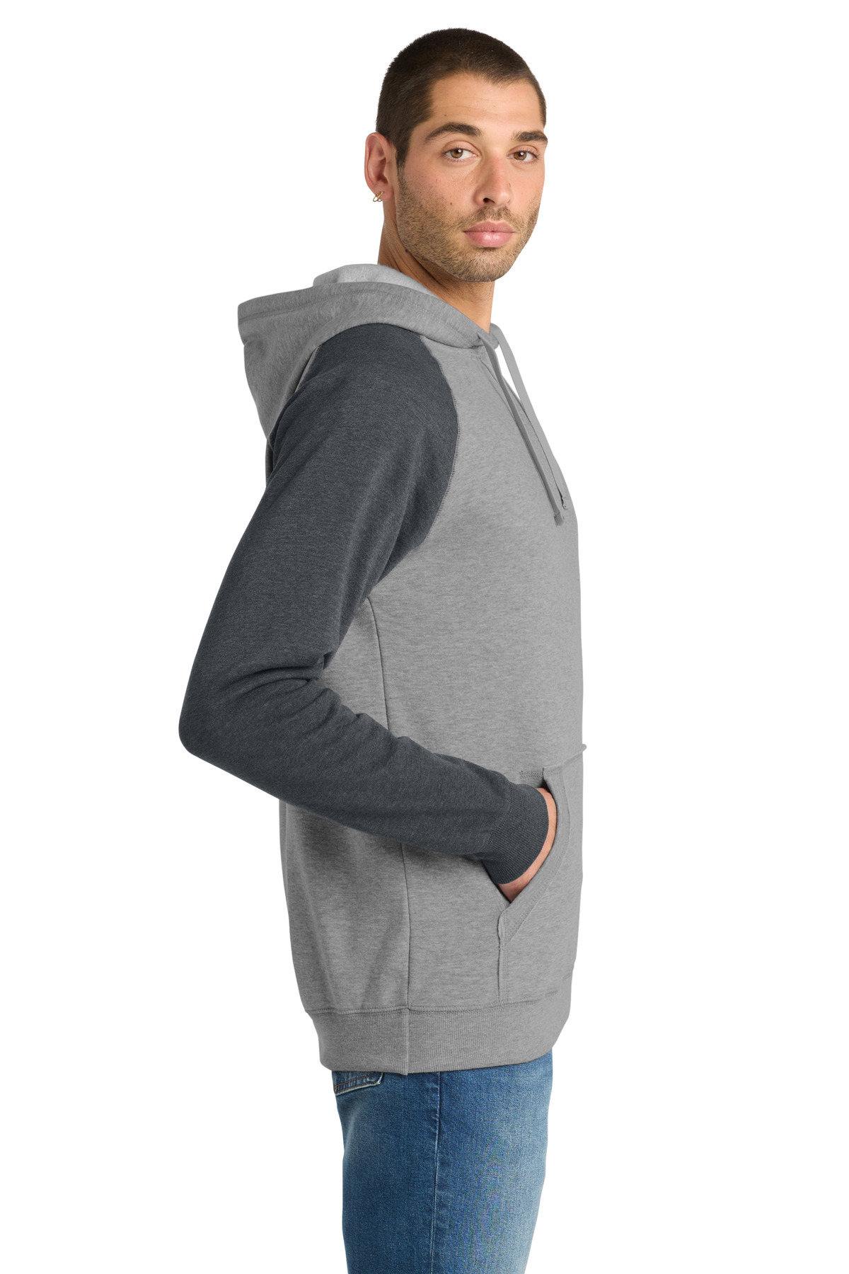 District Young Mens Lightweight Fleece Raglan Hoodie. DT196 in Heathered Grey/ Heathered Charcoal — Left sleeve