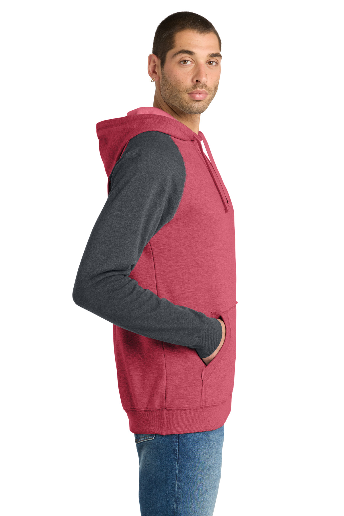 District Young Mens Lightweight Fleece Raglan Hoodie. DT196