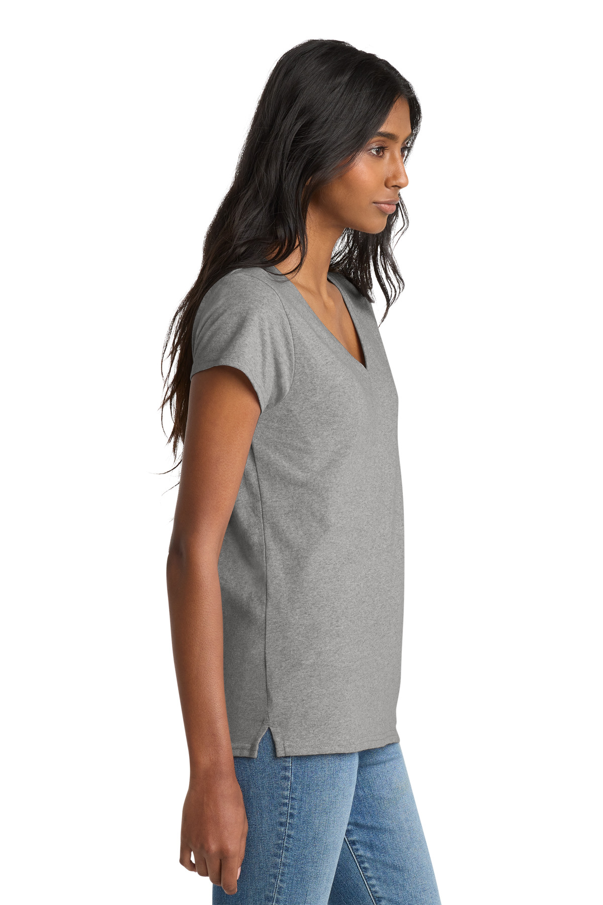 District Women's Re-Tee V-Neck DT8001 in Light Heather Grey — Left sleeve