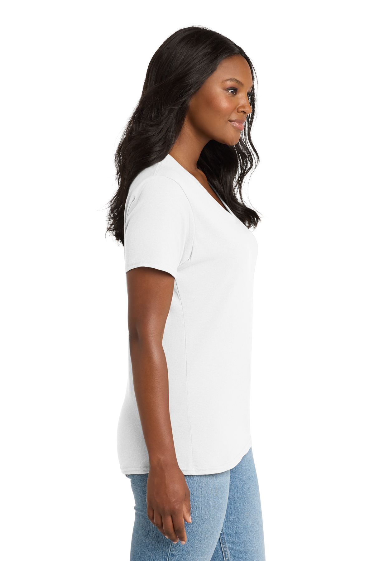 Port & Co Women's Core Cotton V-Neck Tee. LPC54V in White — Left sleeve