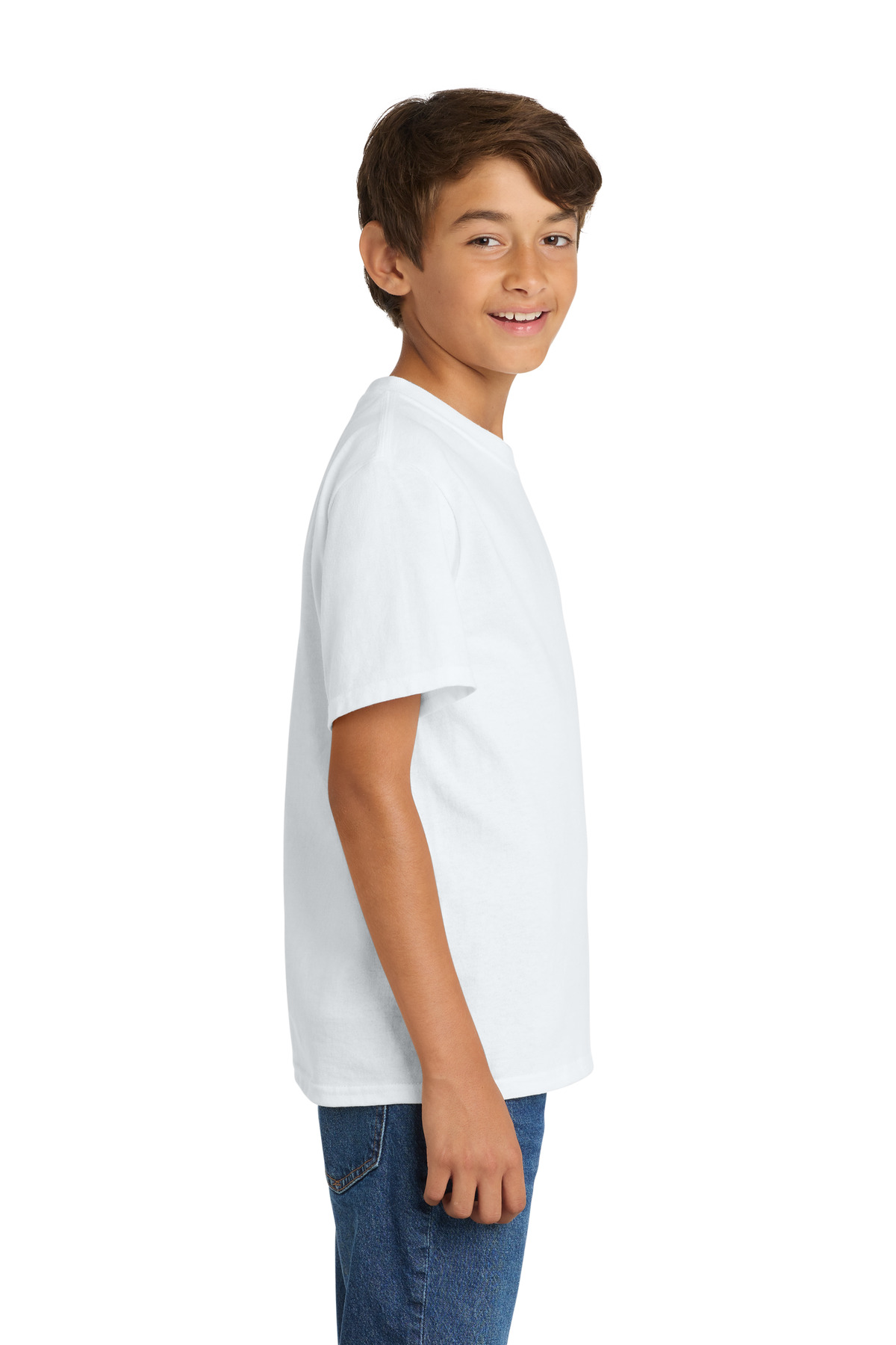Port & Co Youth Core Cotton Tee. PC54Y in White — Left sleeve