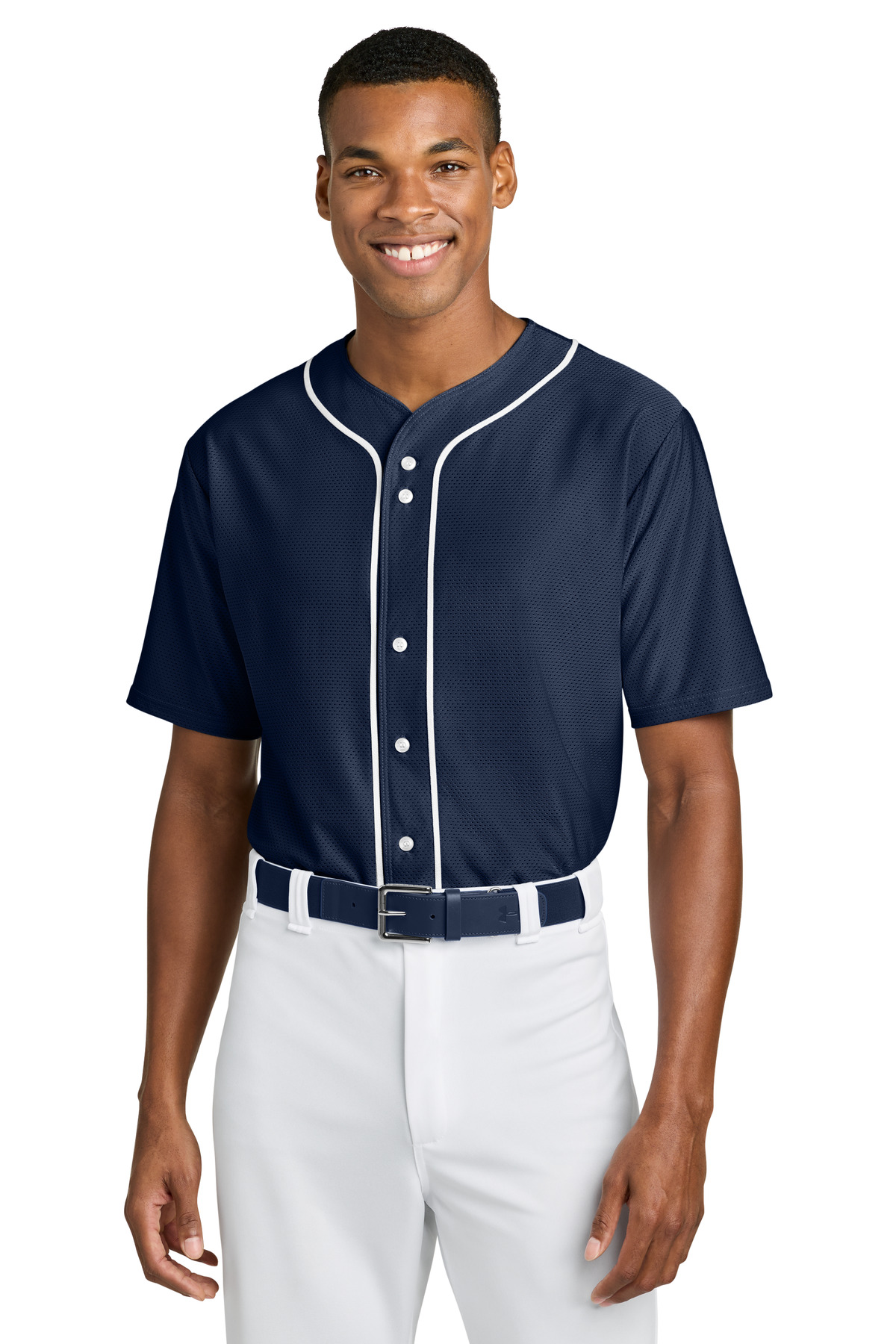 Short Sleeve Full-Button Baseball Top - Navy