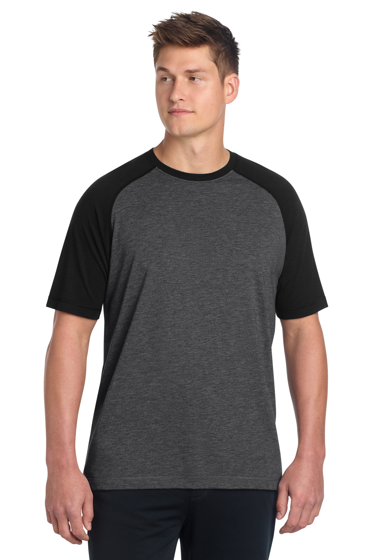 Sport-Tek Sport-Tek PosiCharge Tri-Blend Wicking Raglan Tee. ST400 in Black Triad Solid/ Dark Grey Heather