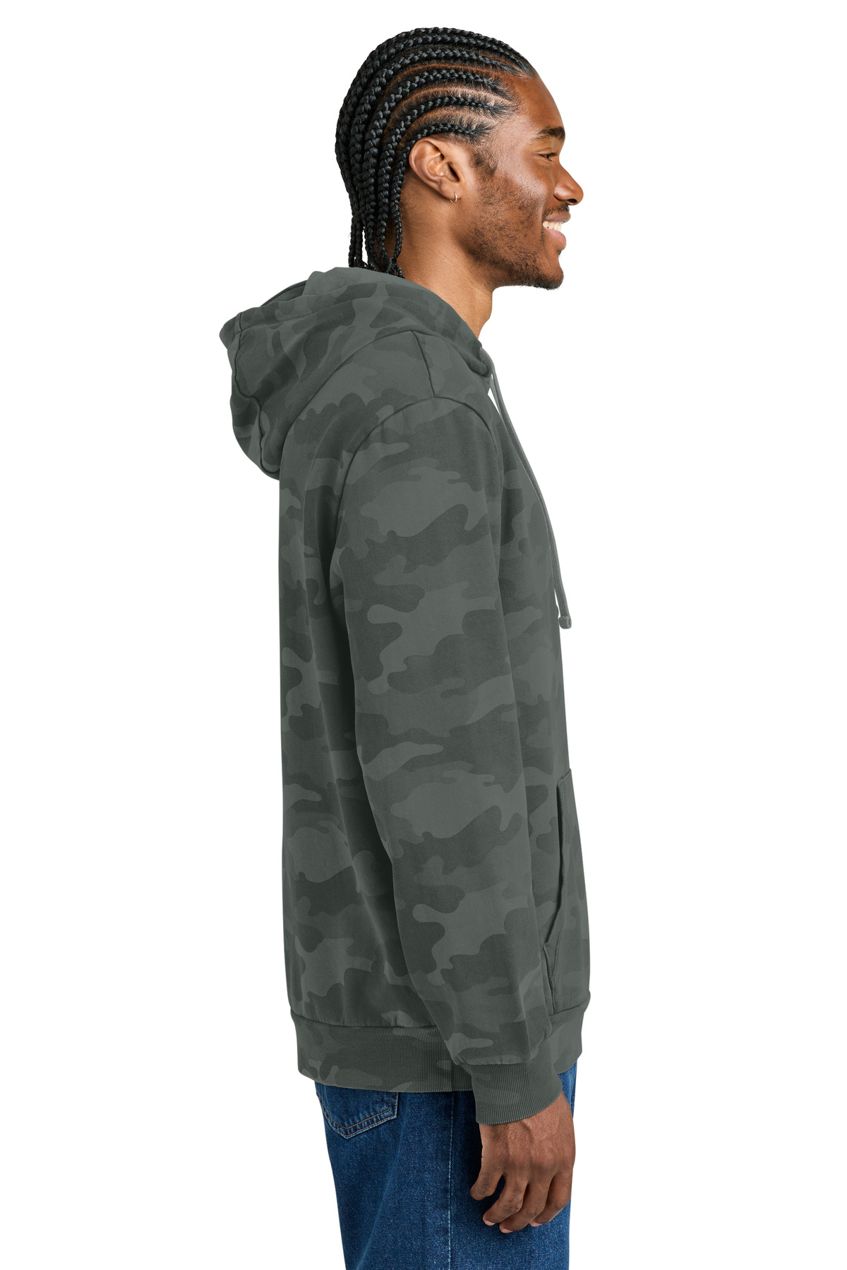 District Wash Camo Fleece Hoodie DT2200C in Graphite — Left sleeve