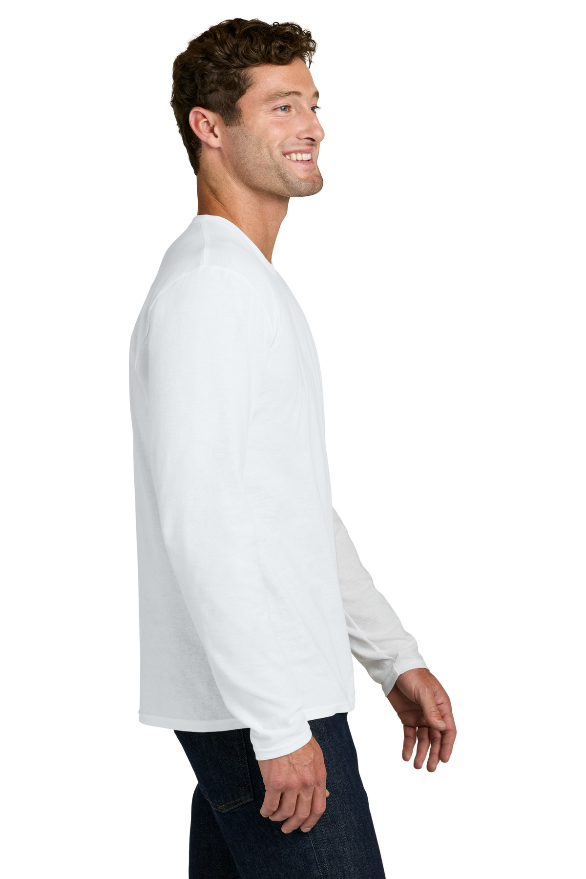 Port & Co Easy Cotton Long Sleeve Tee PC43LS in White — Left sleeve