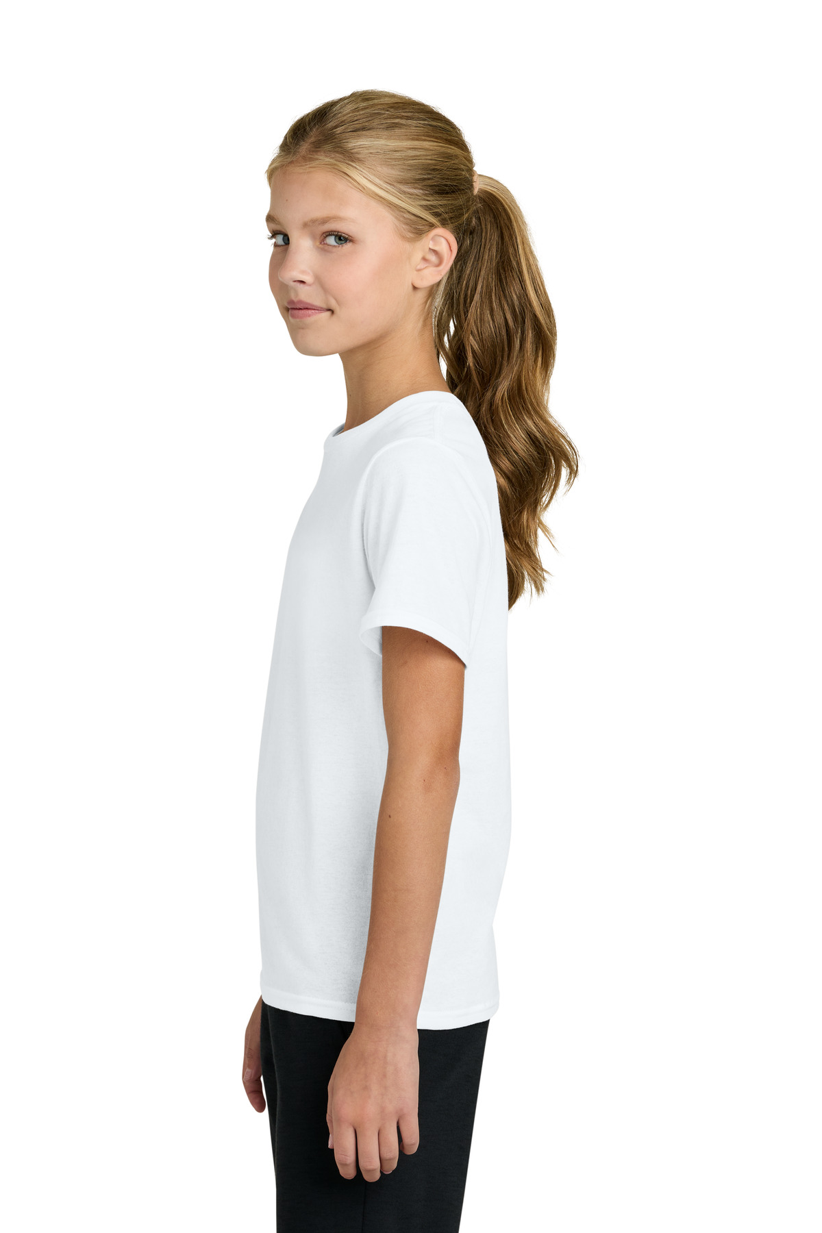 Port & Co Youth Easy Cotton Tee PC43Y in White — Left sleeve