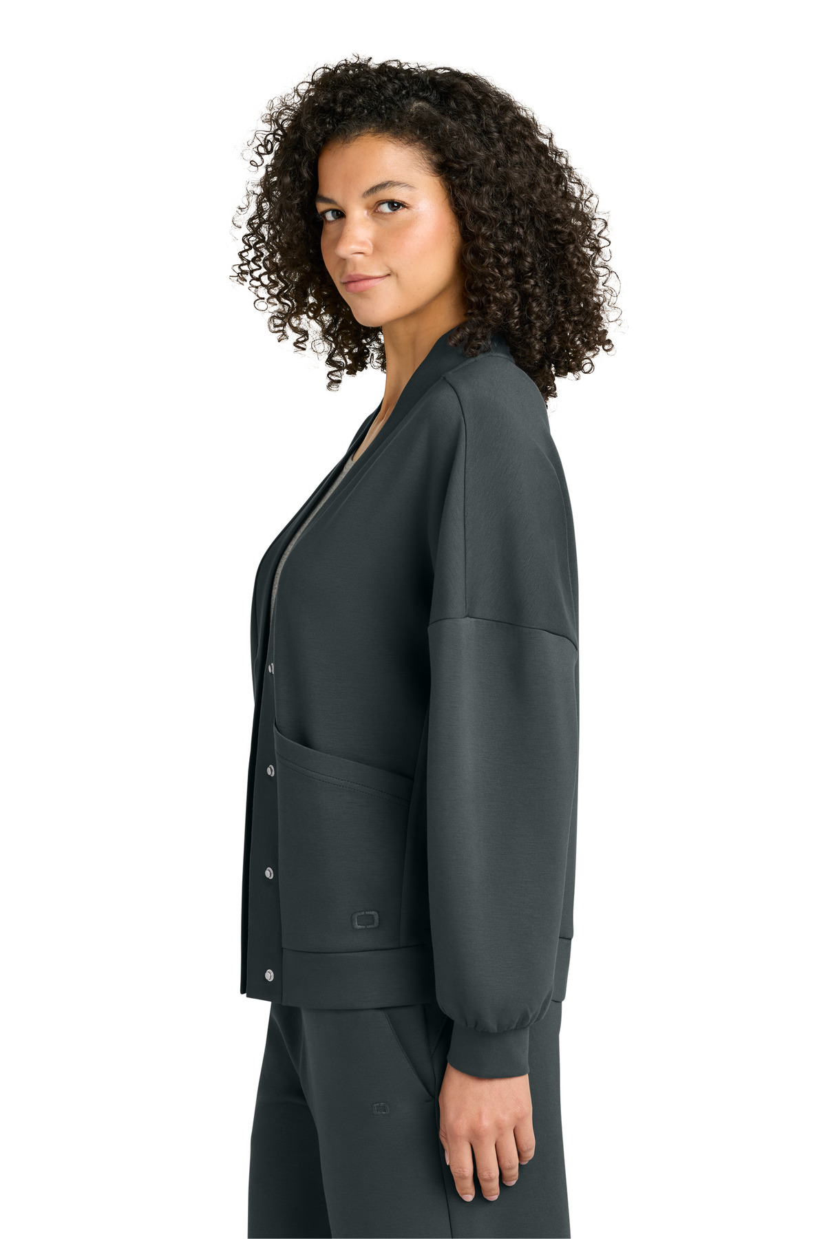 OGIO Women's Transcend Cardigan LOG862 in Tarmac Grey — Left sleeve