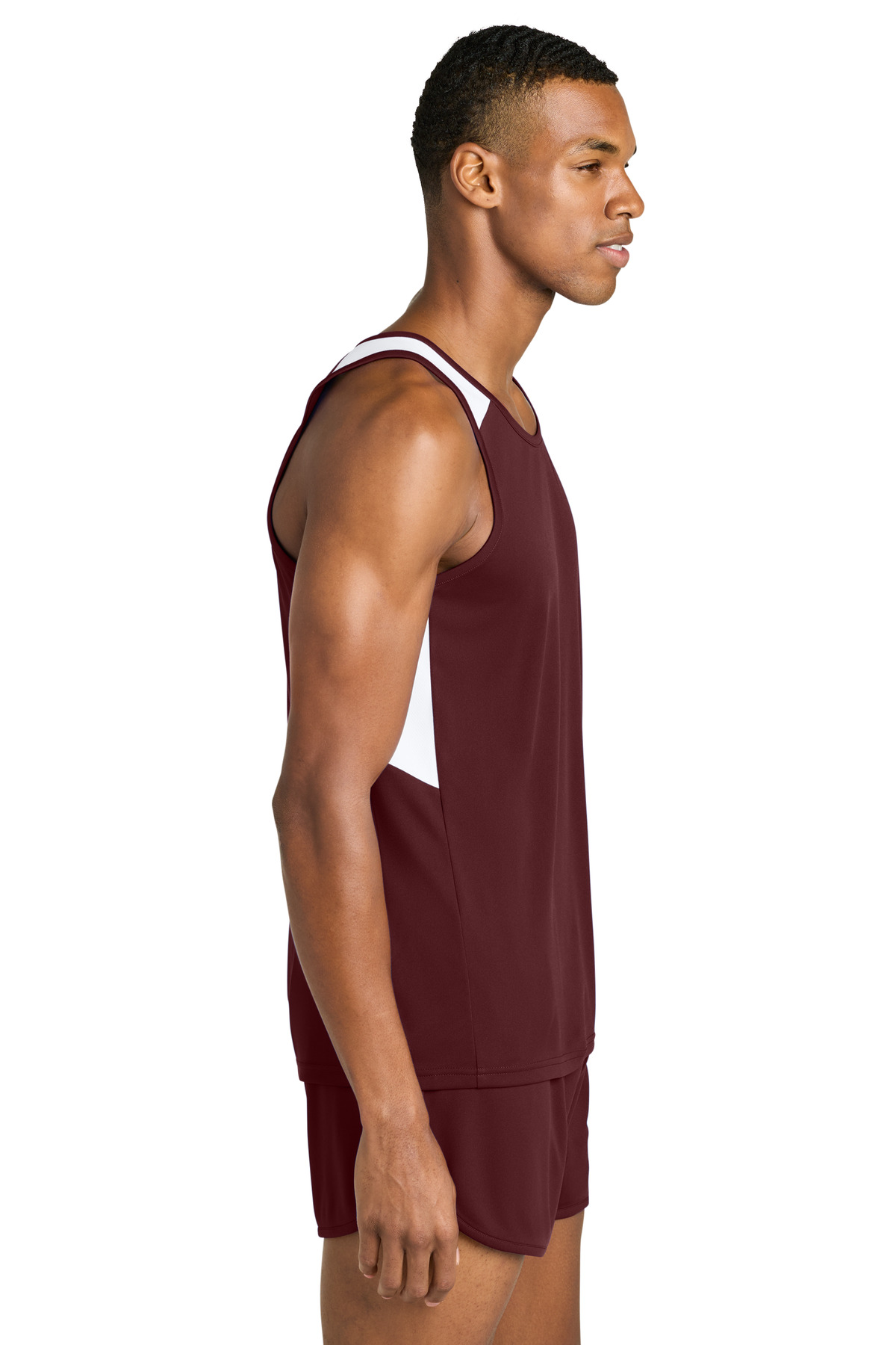 Sport-Tek Club Track Tank ST446 in Maroon/ White — Left sleeve