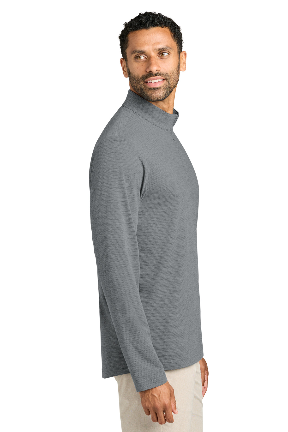 TravisMathew Onward 1/4-Zip TMA42775 in Quiet Shade Grey Heather — Left sleeve
