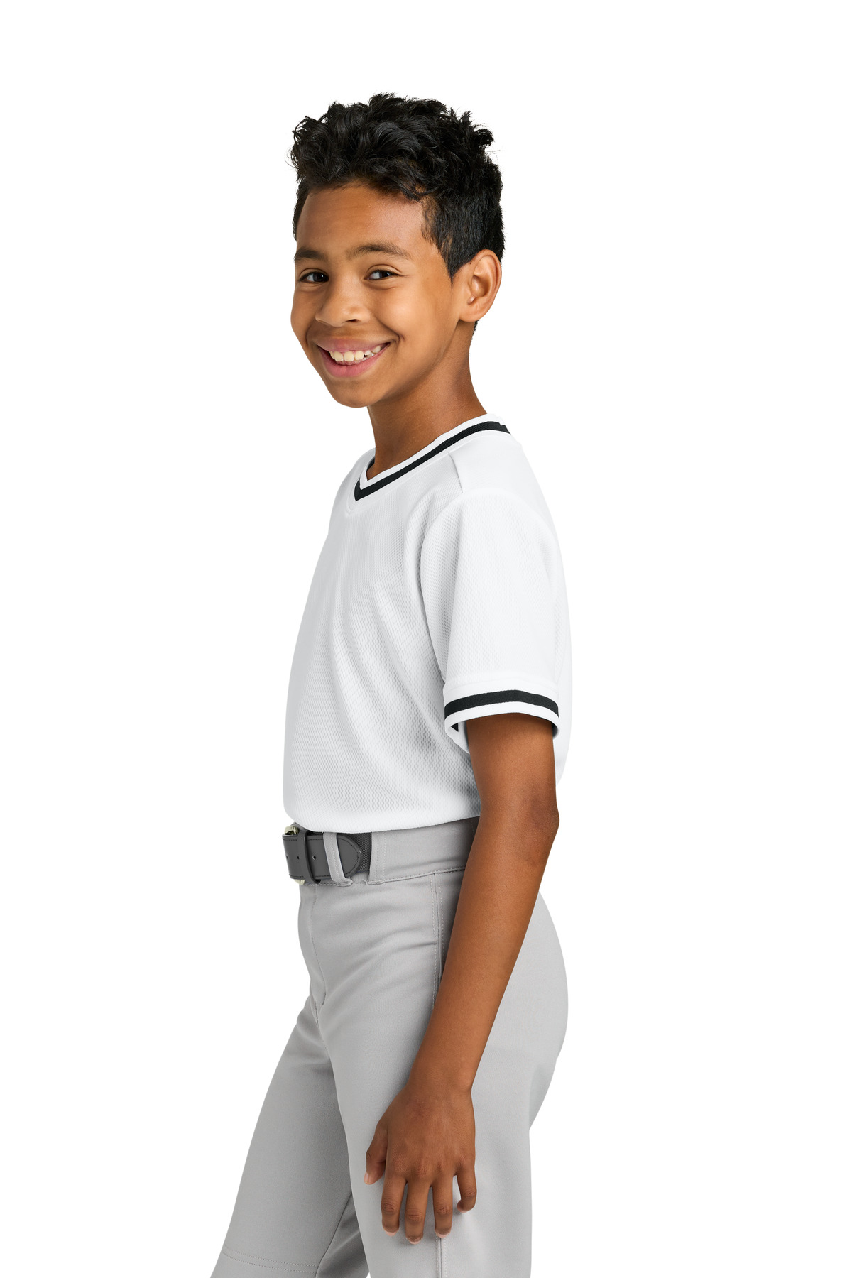 Sport-Tek Youth Tough Mesh V-Neck Baseball Jersey YST221 in White — Left sleeve