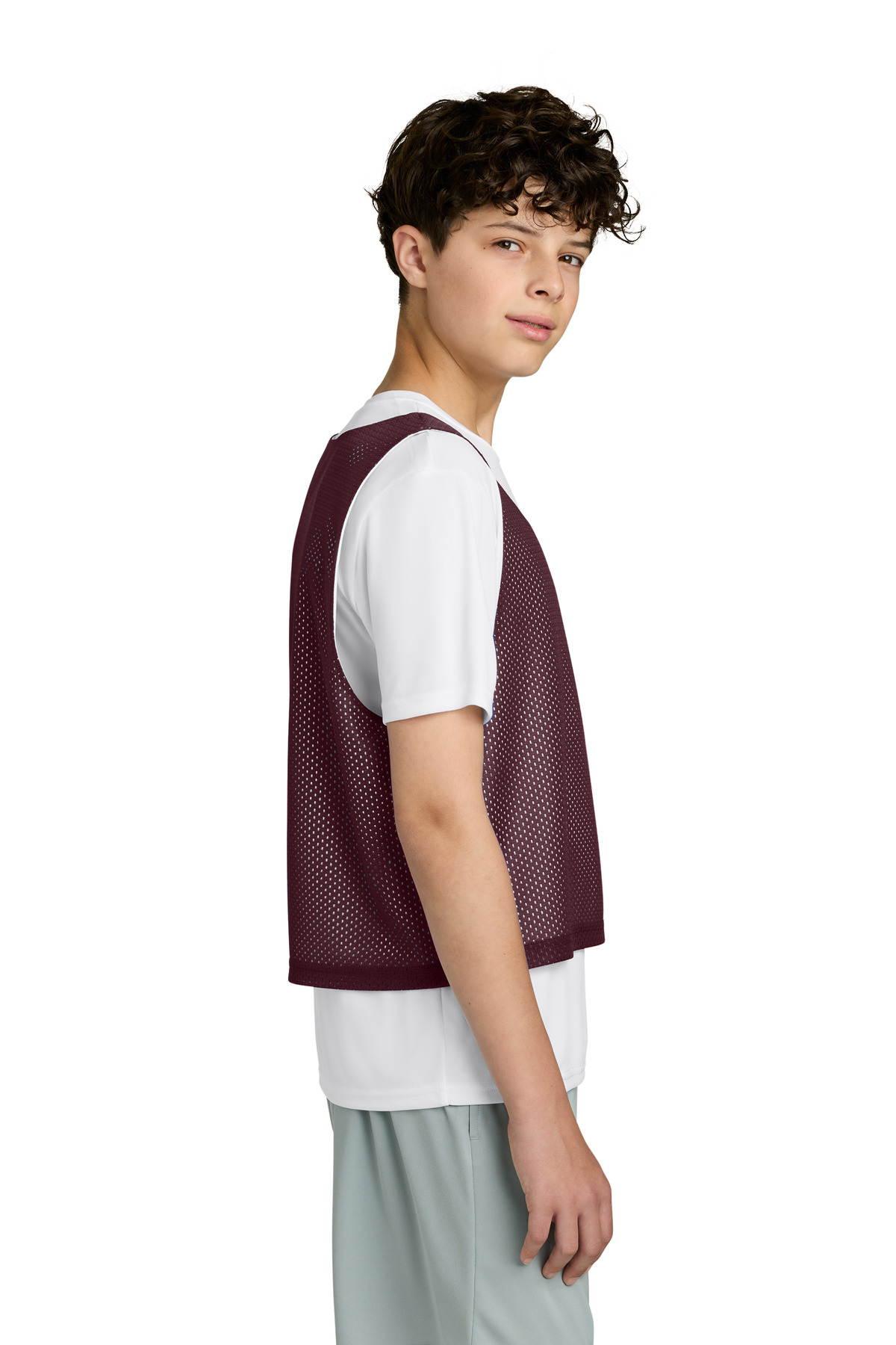 Sport-Tek Youth Lacrosse Reversible Pinnie YST512 in Maroon/ White — Left sleeve
