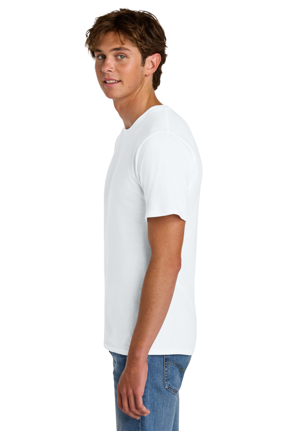 Port & Co Easy Cotton Tee PC43 in White — Left sleeve